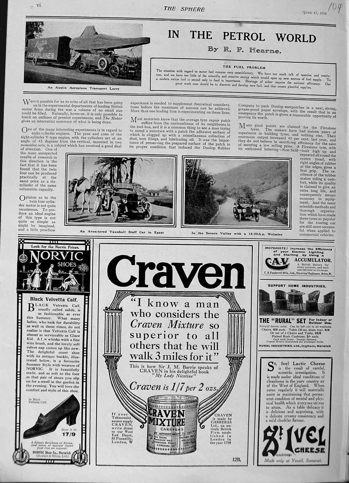 Original Old Antique Print 1916 Vauxhall Motor Car Wolseley Craven Cheese Shoes
