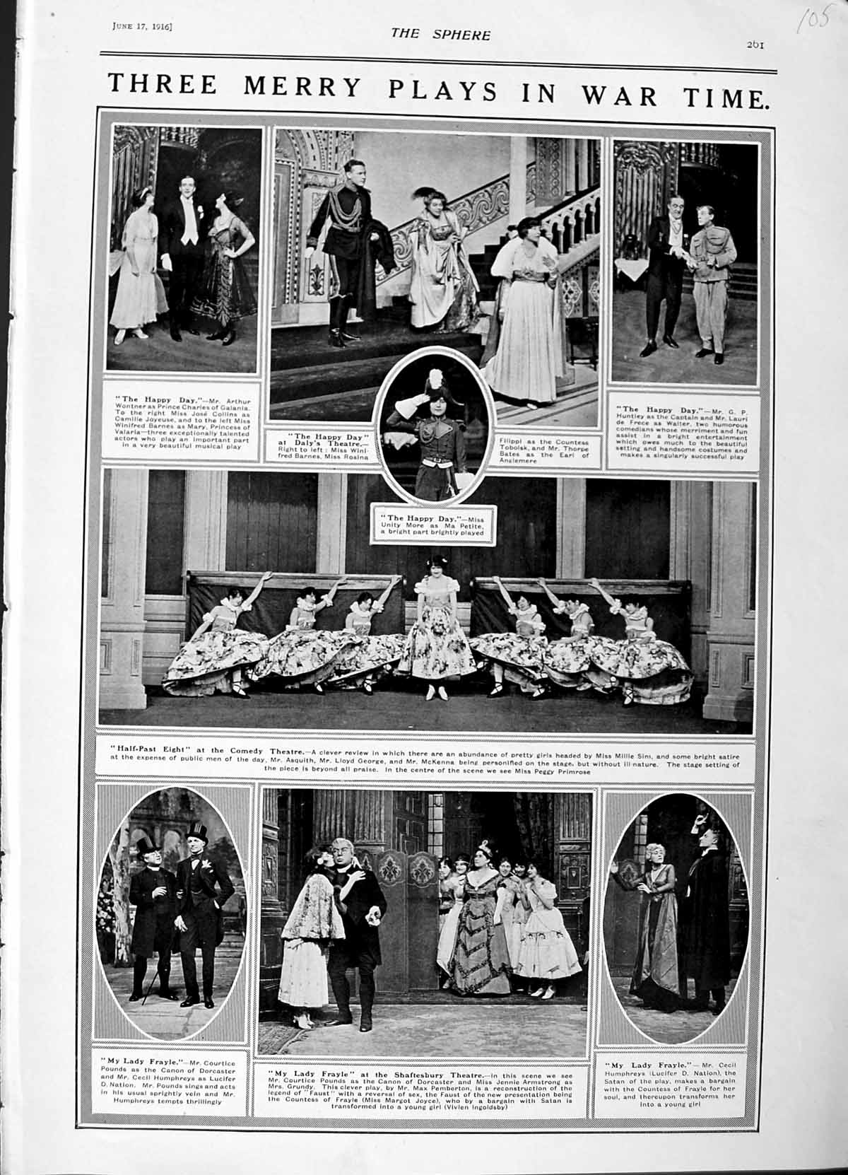 Old Antique Print 1916 War Theatre Happy Day Daly Shaftesbury Lady Frayle 20th