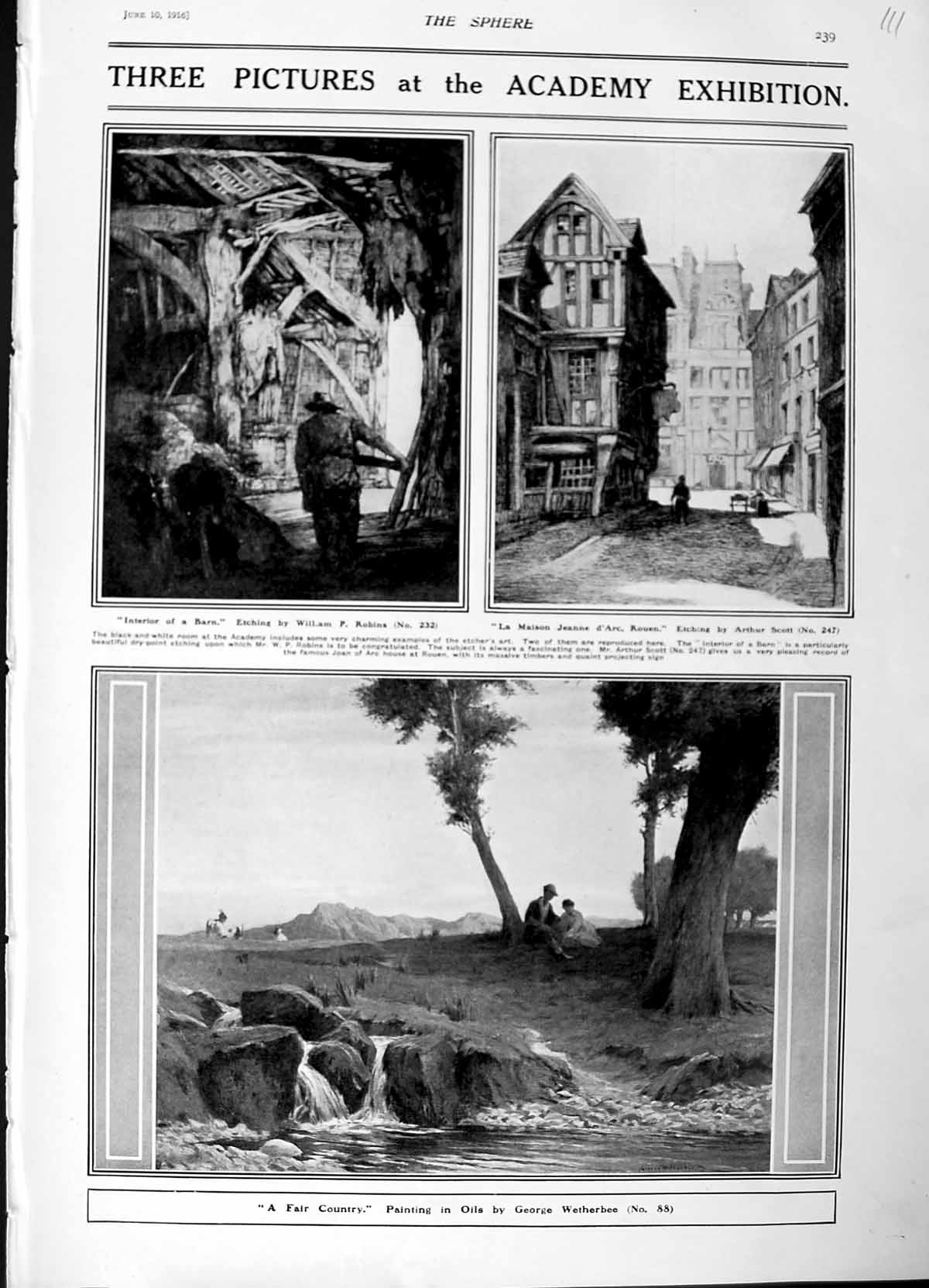 Old Antique Print 1916 Art Academy Barn Robins D'Arc Rouen Country River 20th