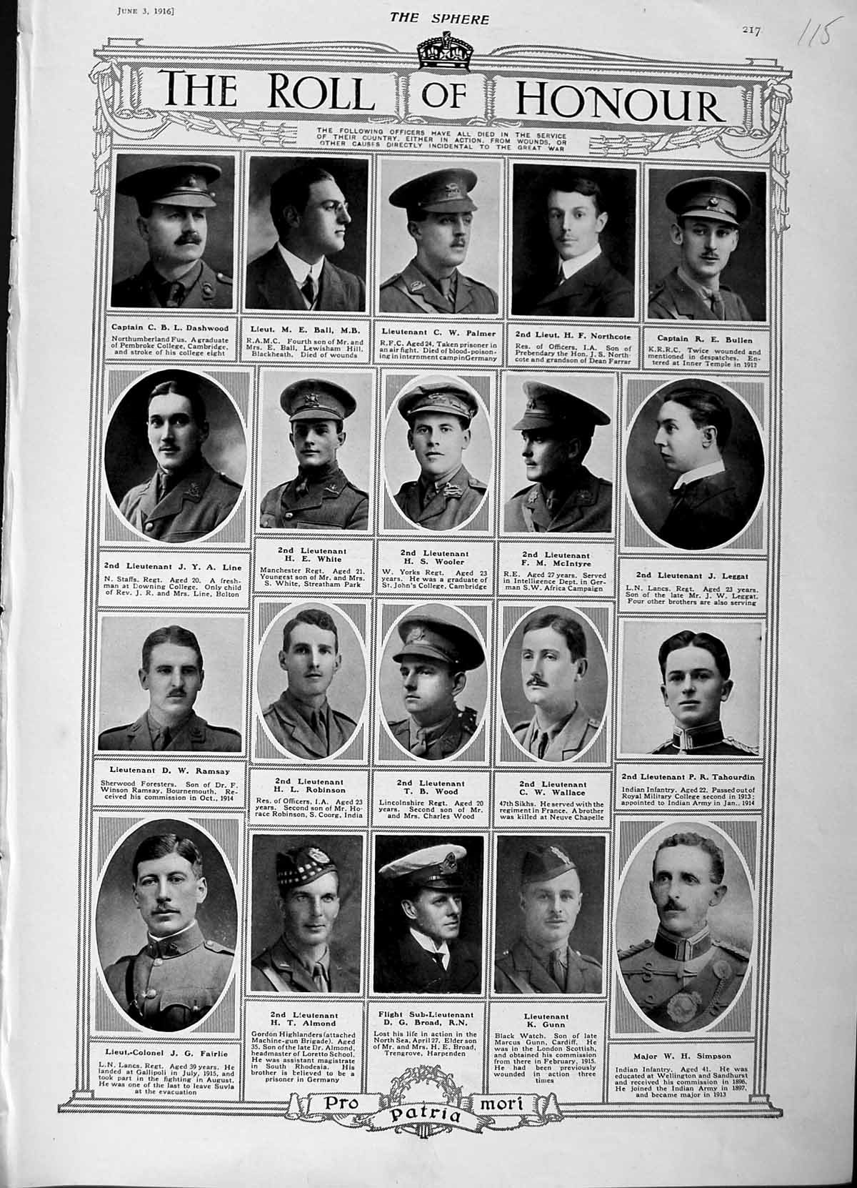 Original Old Antique Print 1916 Roll Honour Dead Siers War Broad Gunn Palmer