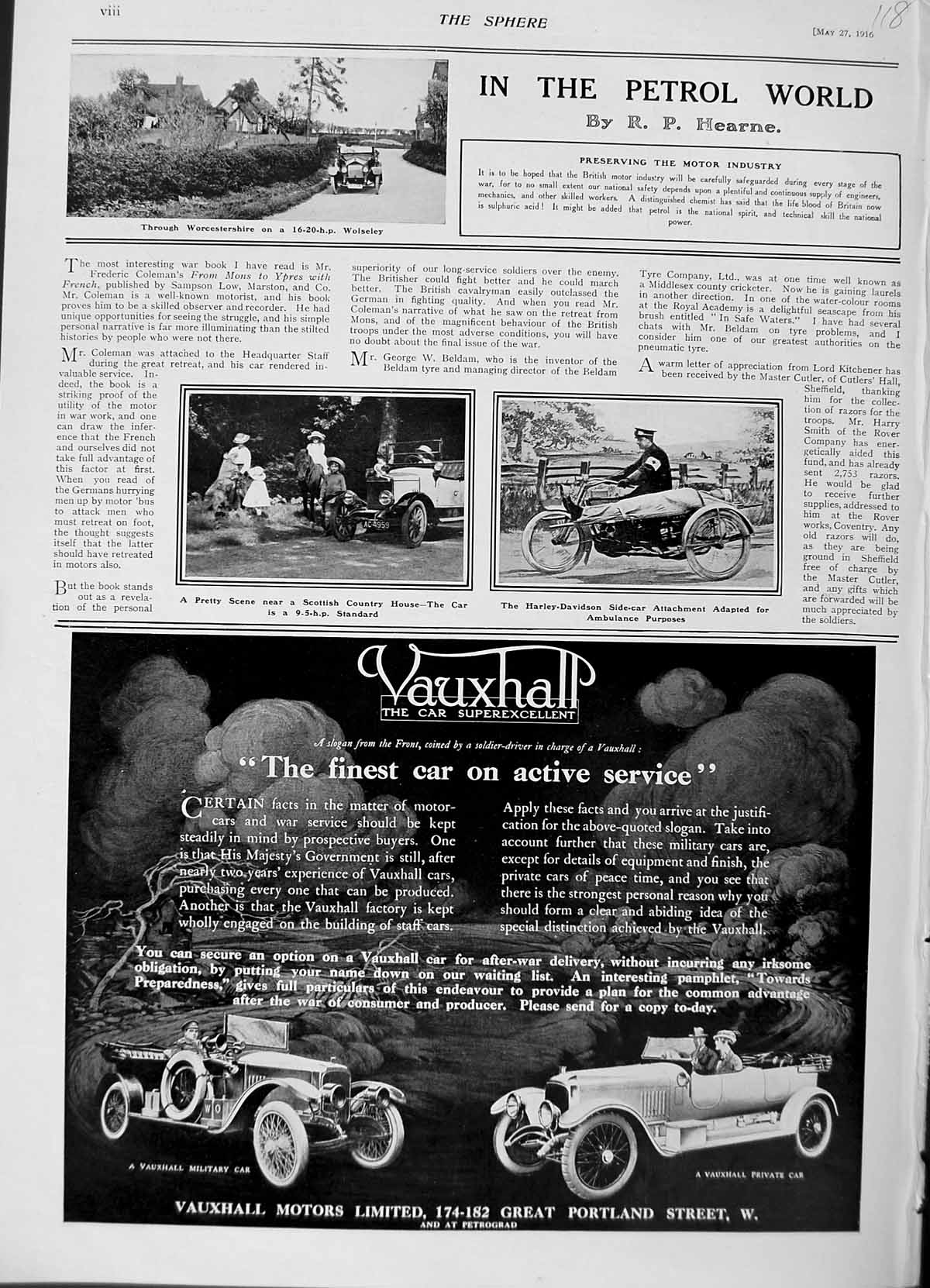 Original Old Antique Print 1916 Wolseley Motor Car Standard Vauxhall Harley