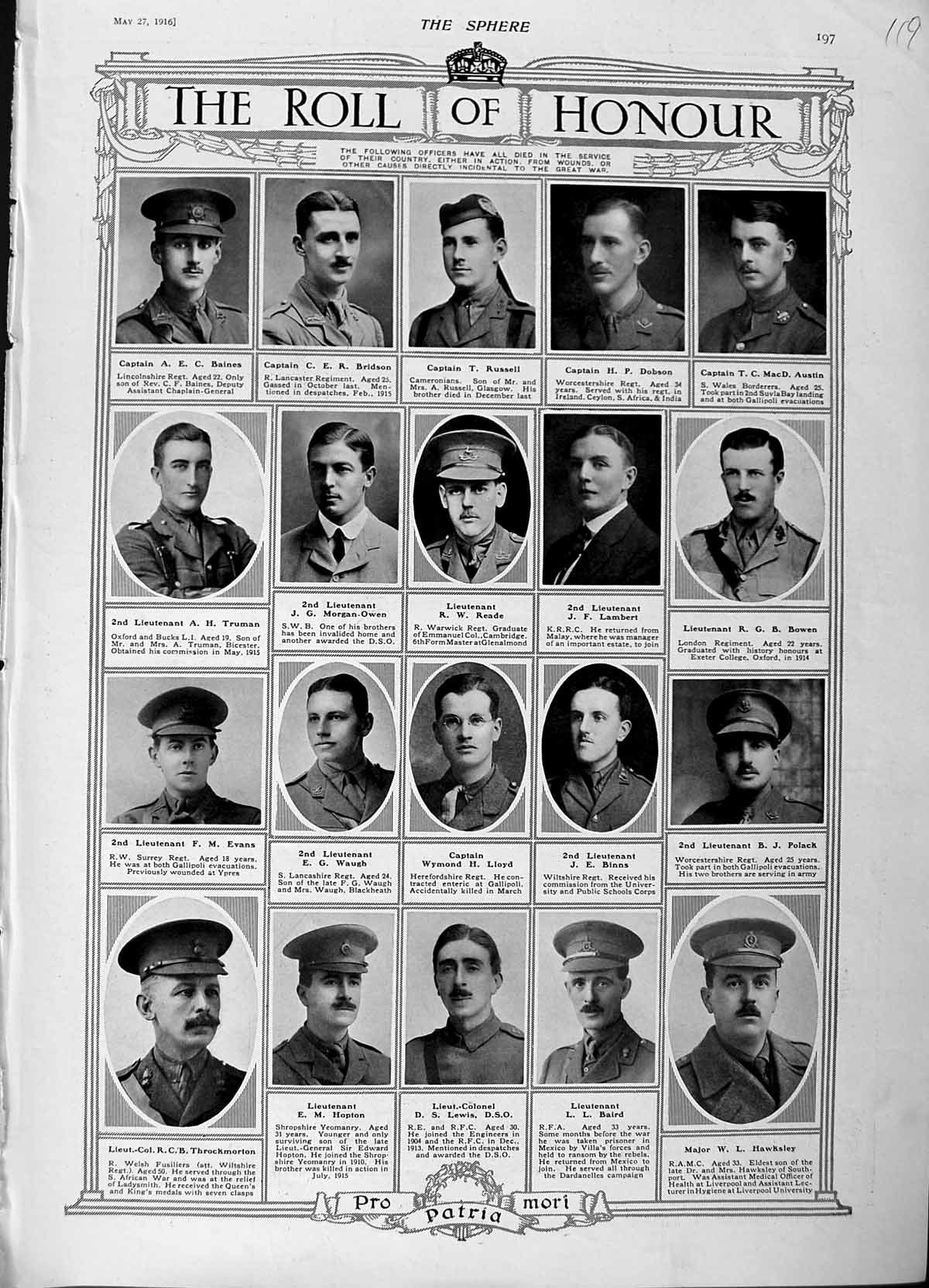 Original Old Antique Print 1916 Roll Honour Dead War Siers Lewis Hawksley 20th