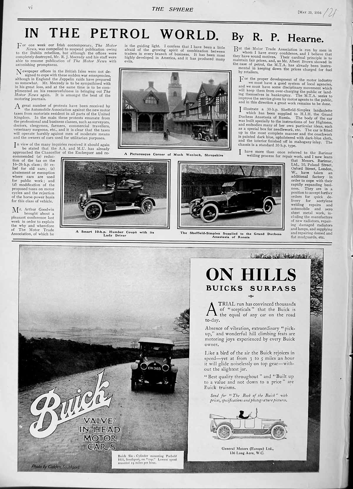 Original Old Antique Print 1916 Much Wenlock Shropshire Humber Buick Motor Car
