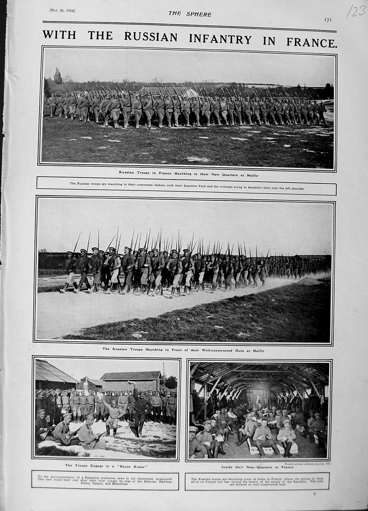 Original Old Antique Print 1916 Russian Siers France War Mailly Danse Russe