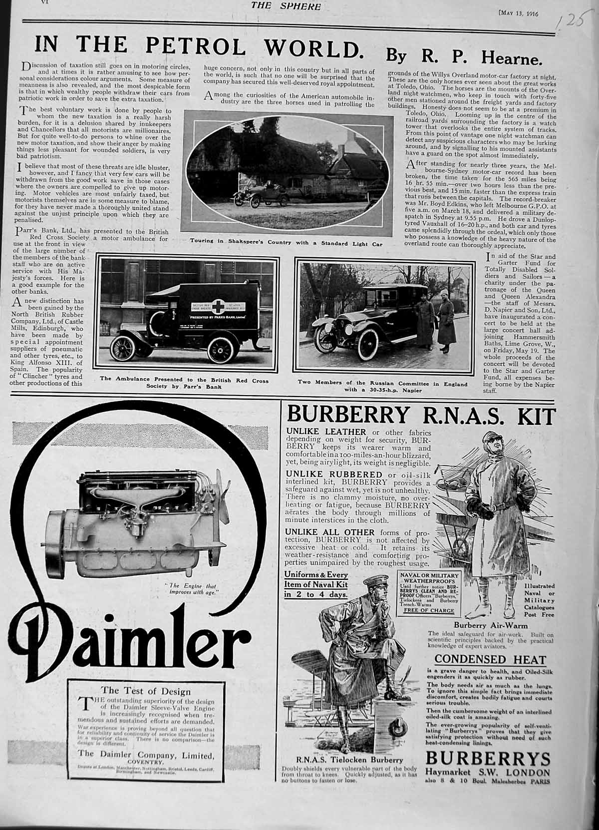 Old Antique Print 1916 Standard Motor Car Napier Ambulance Red Cross War 20th