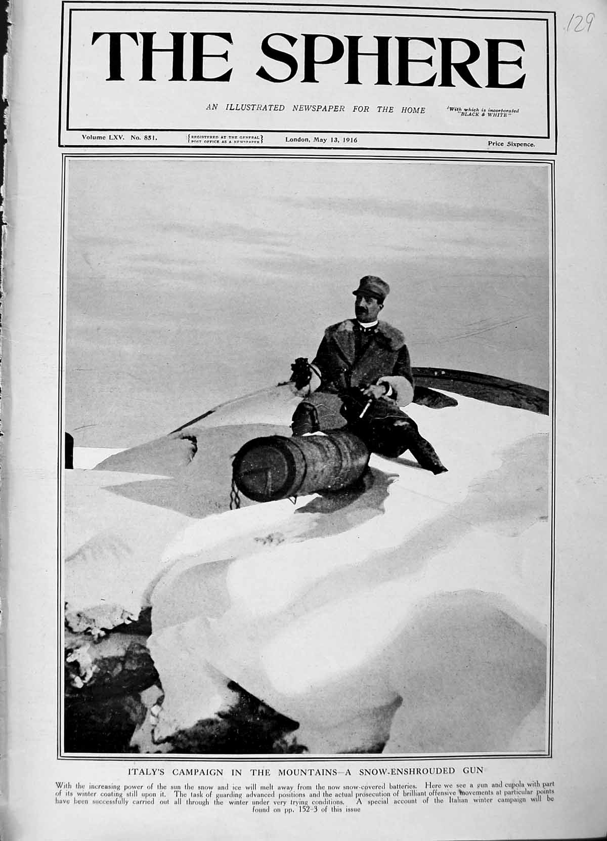 Original Old Antique Print 1916 Italy War Mountains Snow-Enshrouded Gun Weapon