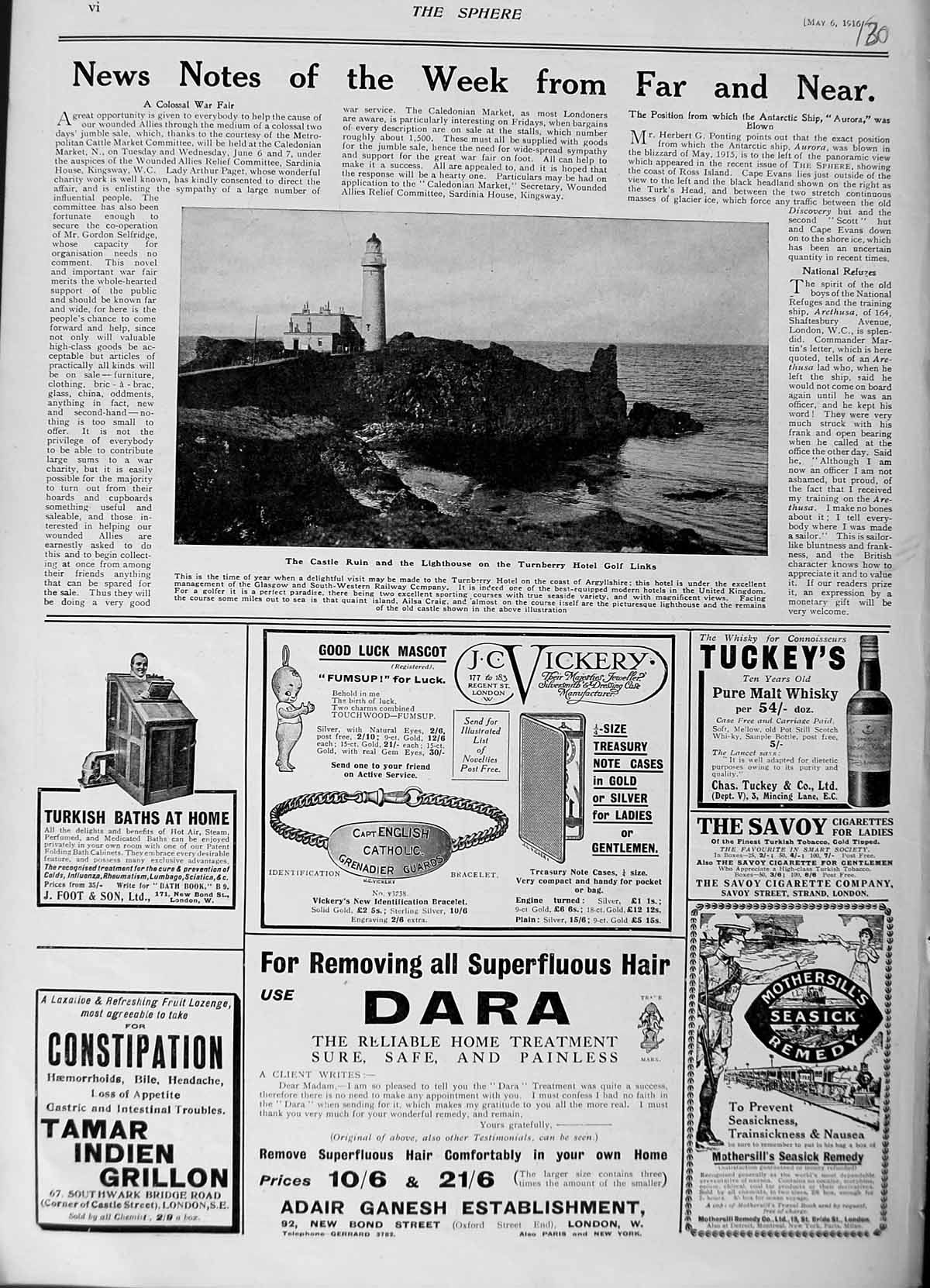 Original Old Antique Print 1916 Castle Lighthouse Turnberry Golf Links Vickery