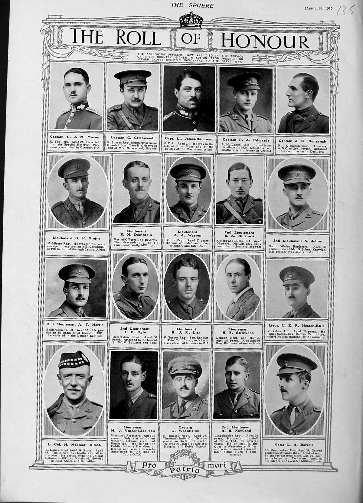 Original Old Antique Print 1916 Roll Honour Siers War Barrett Maclear Warren
