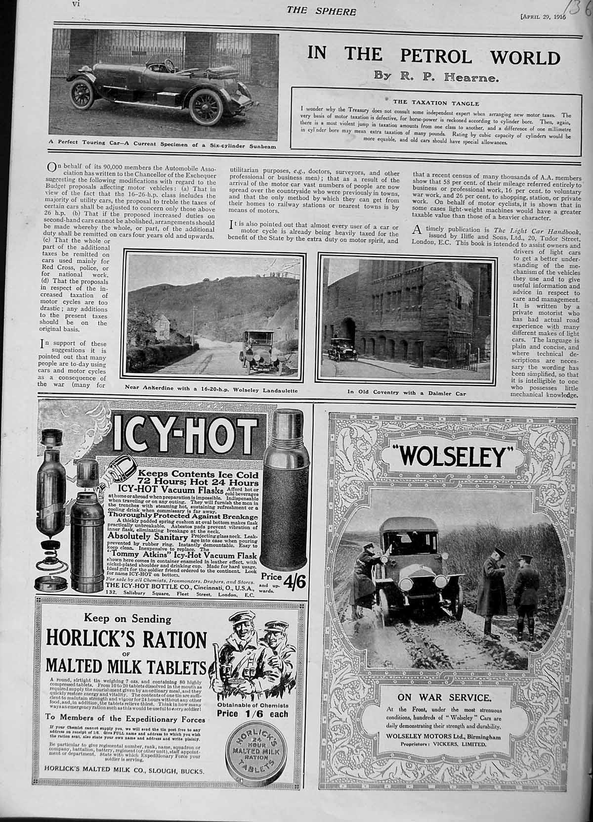 Original Old Antique Print 1916 Sunbeam Car Wolseley Siers Horlicks Milk Flasks