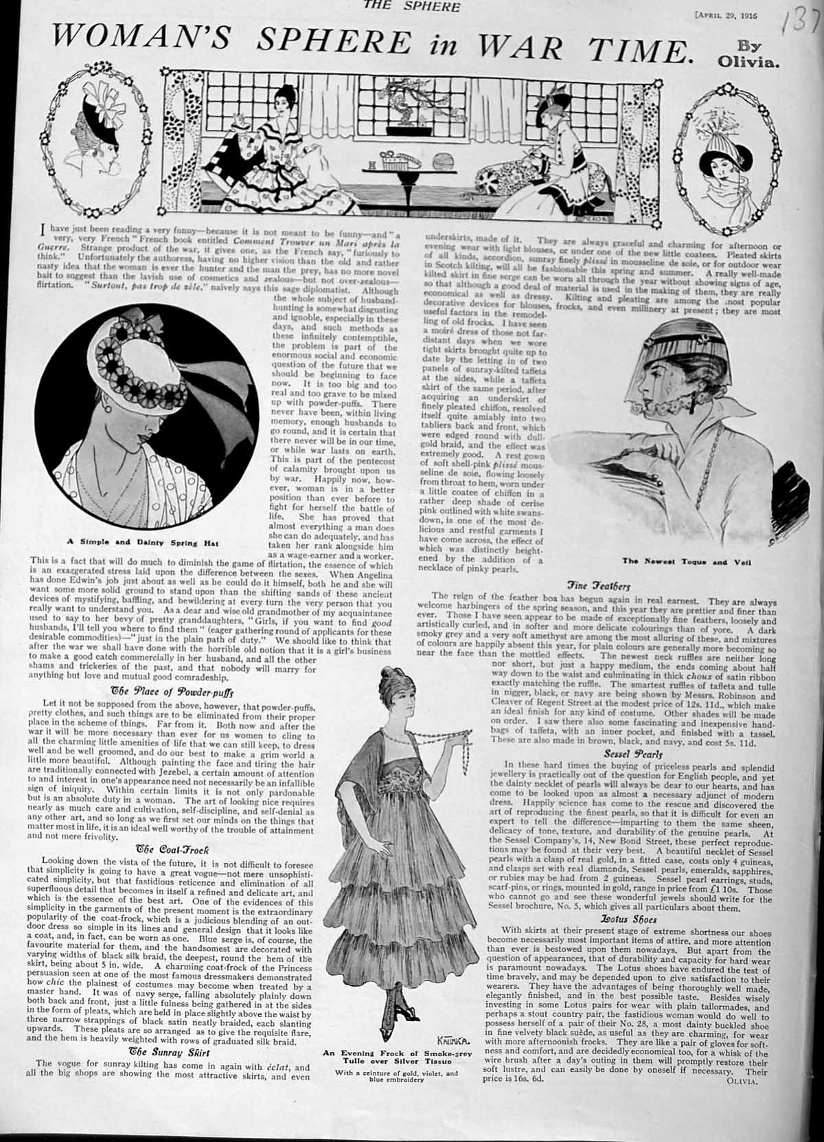 Old Antique Print 1916 Women'S Fashion Dress Silver Tulle Hat Toque Veil 20th