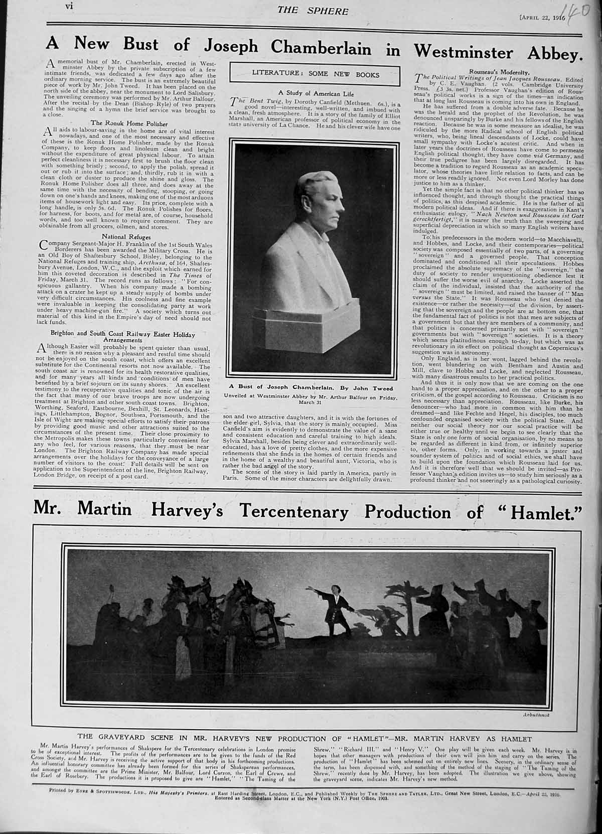 Original Old Antique Print 1916 Joseph Chamberlain Hamlet Martin Harvey Theatre