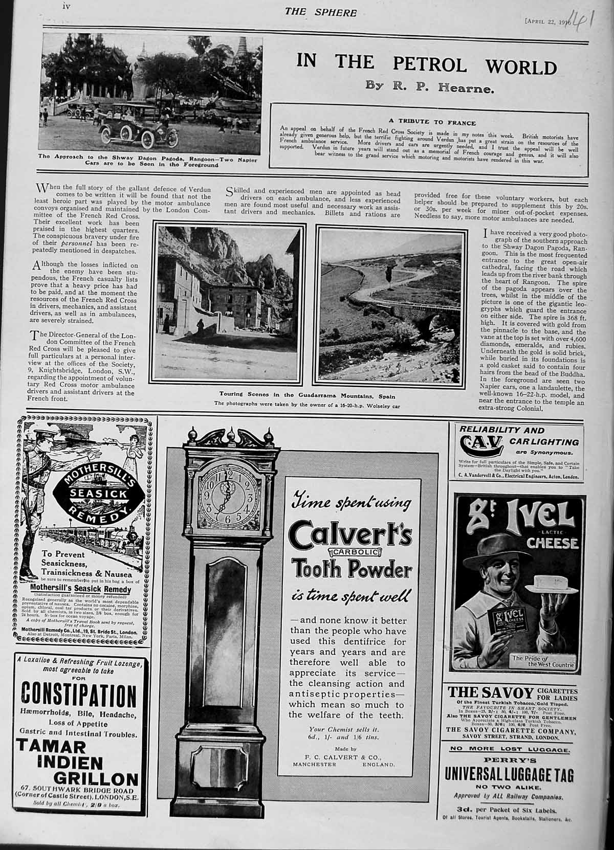 Original Old Antique Print 1916 Napier Cars Rangoon Guadarrama Spain Calverts