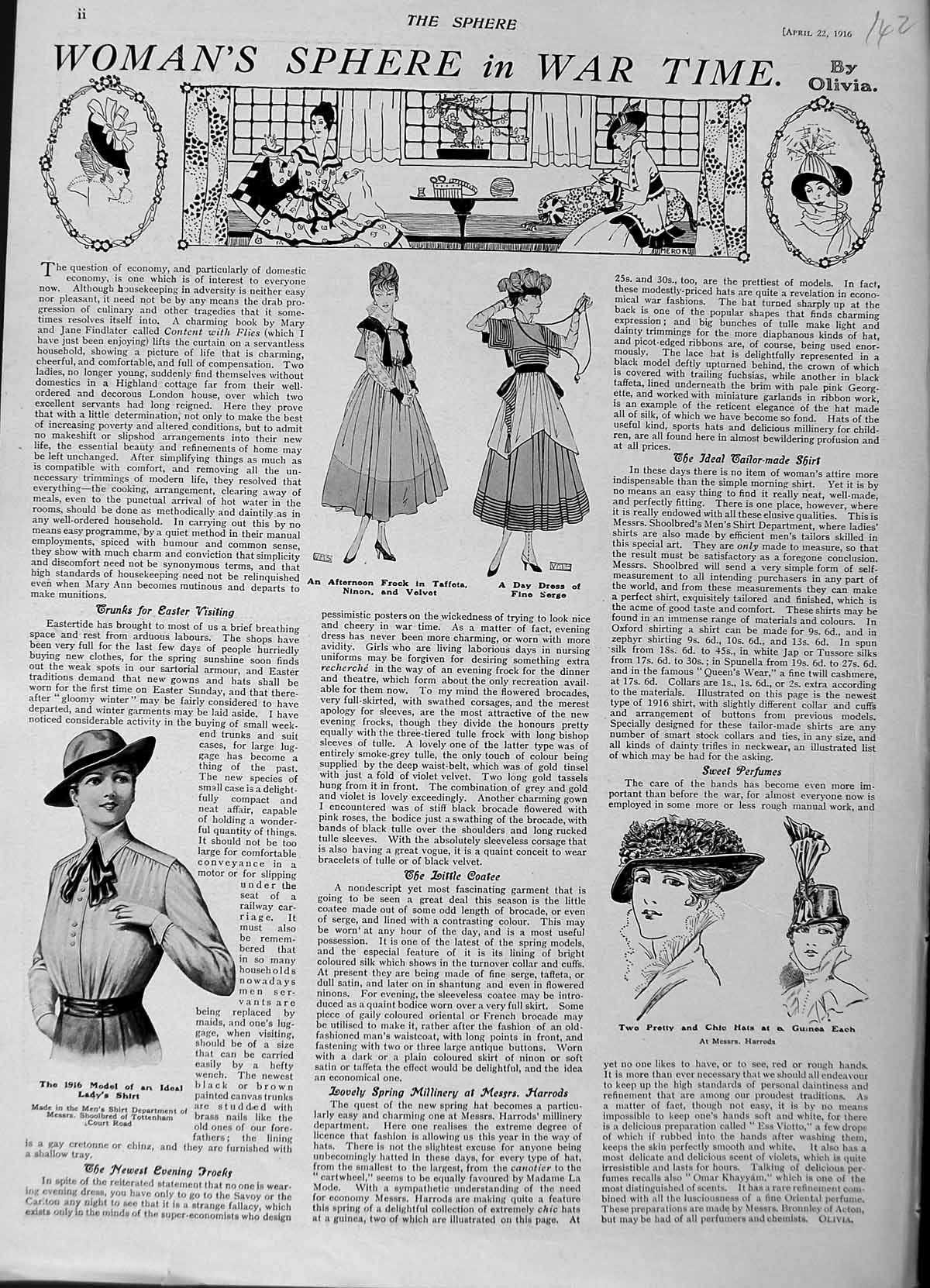 Original Old Antique Print 1916 Women'S Fashion Hats Shirt Taffeta Dress Velvet