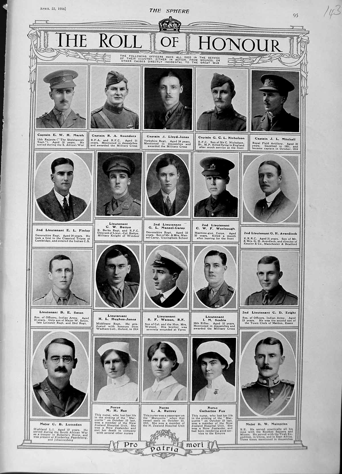 Original Old Antique Print 1916 Roll Honour Siers War Nurses Lumsden Finlay Men
