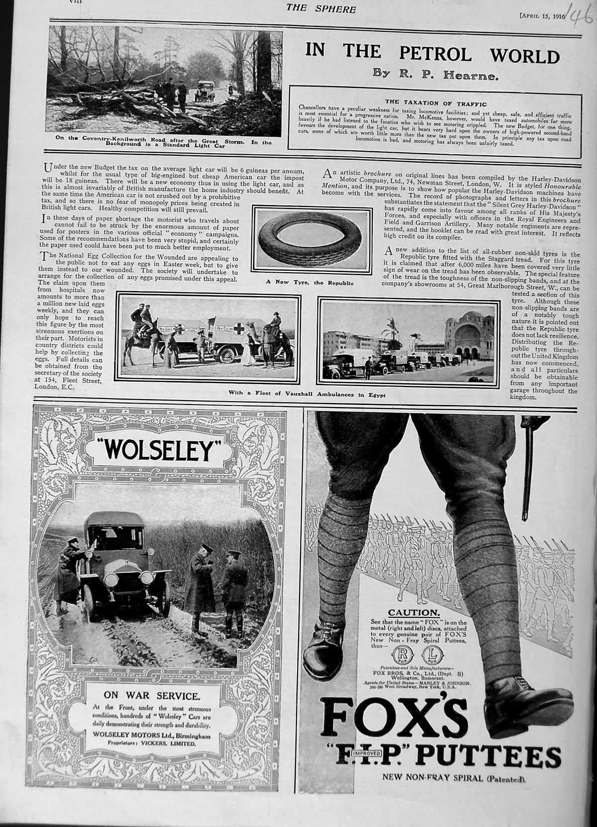 Original Old Antique Print 1916 Tyre Ambulance Egypt Puttees Wolseley Motor Car