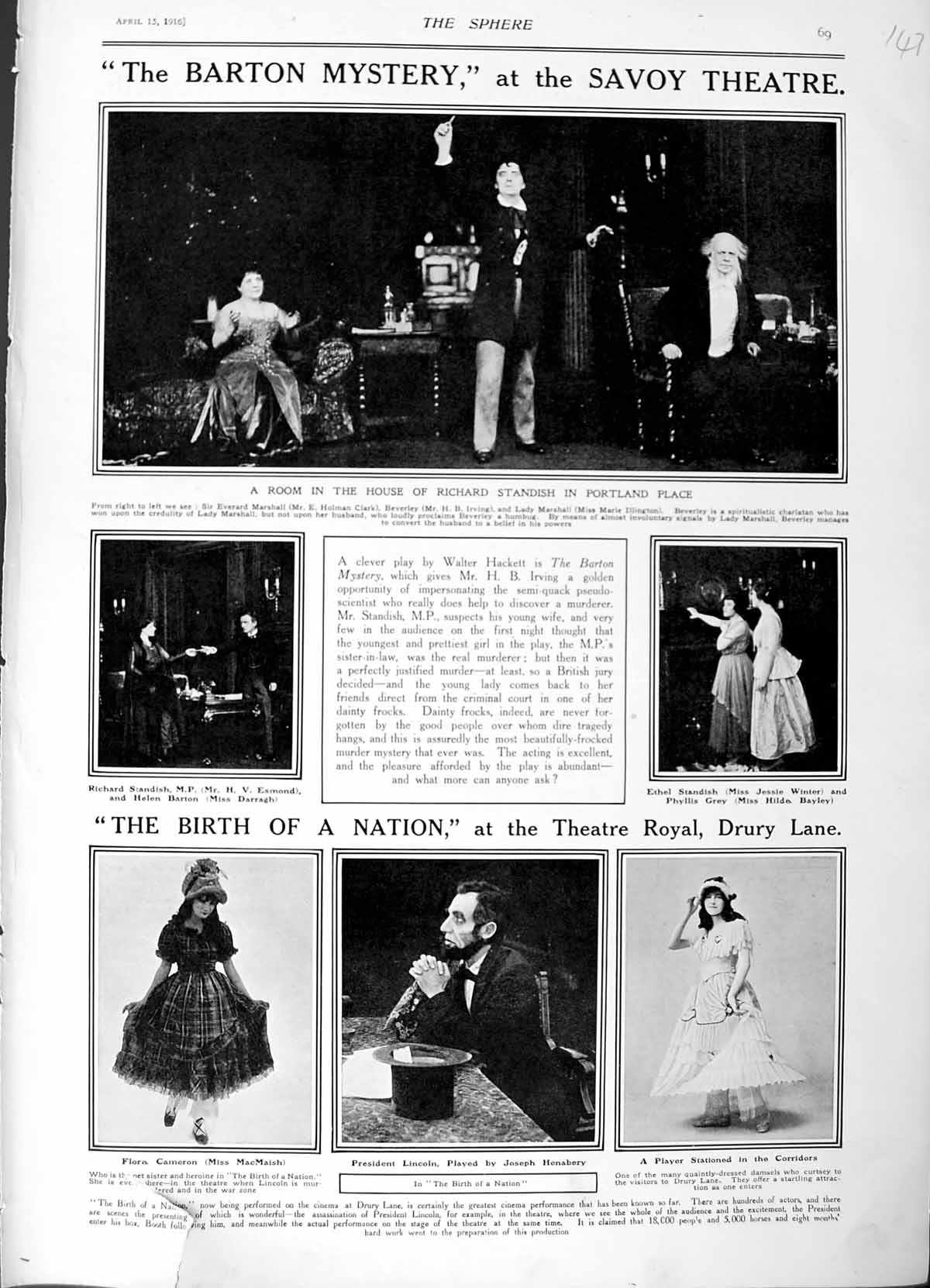 Old Antique Print 1916 Barton Mystery Savoy Theatre Henabery Esmond Grey 20th