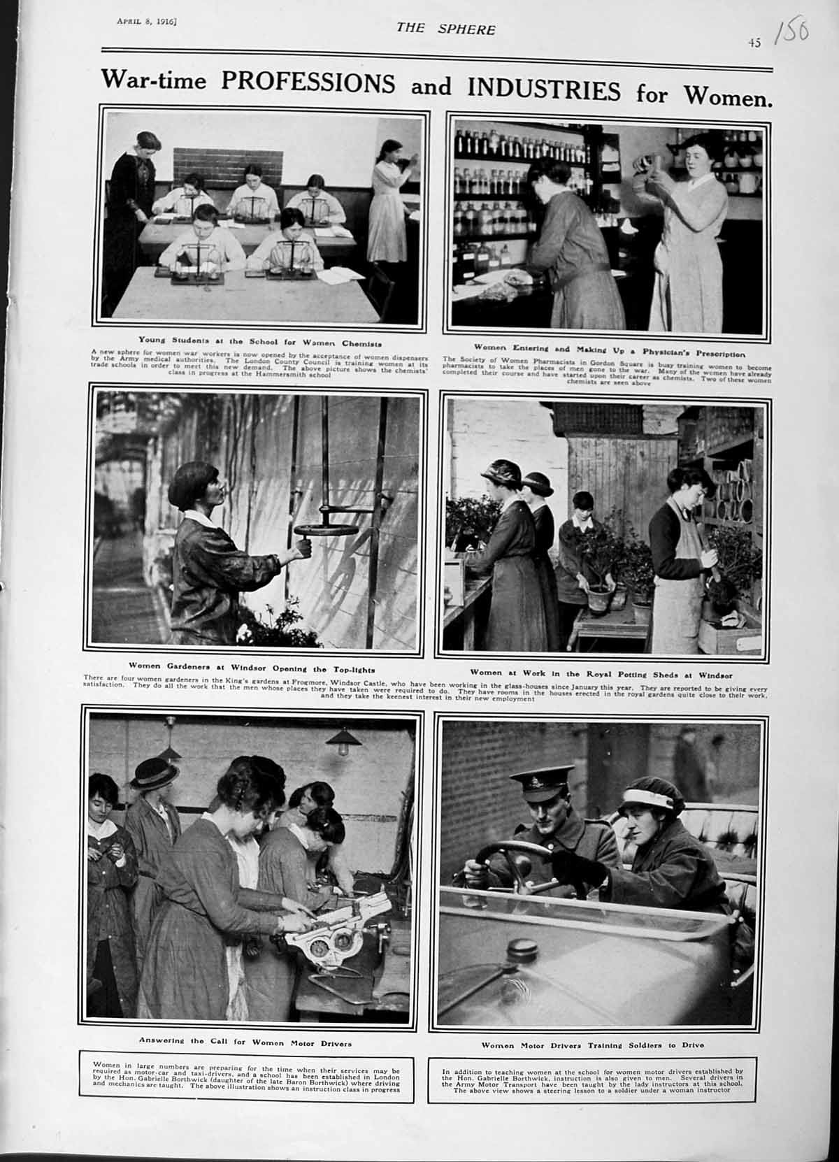 Original Old Antique Print 1916 War Industry Women Chemists Siers Motor Drivers