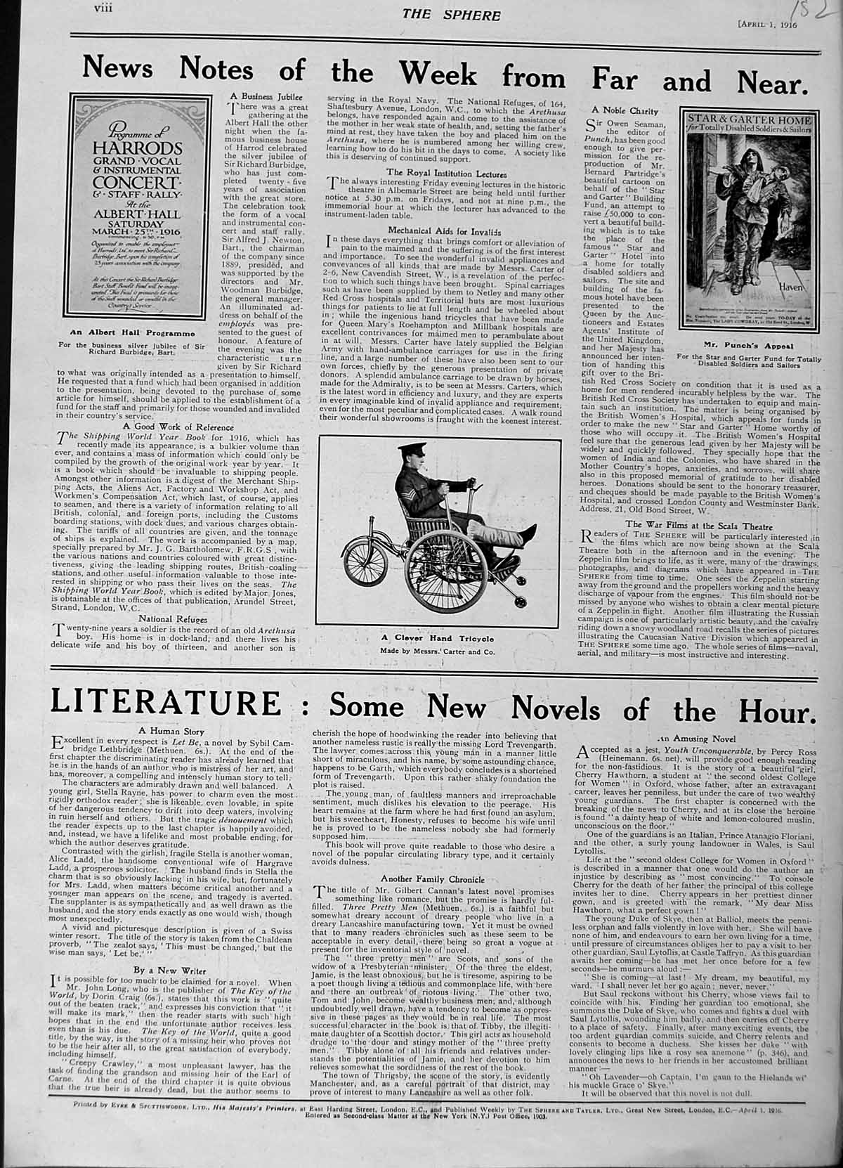 Old Antique Print 1916 Hand Tricycle Albert Hall Harrods Poster Concert 20th
