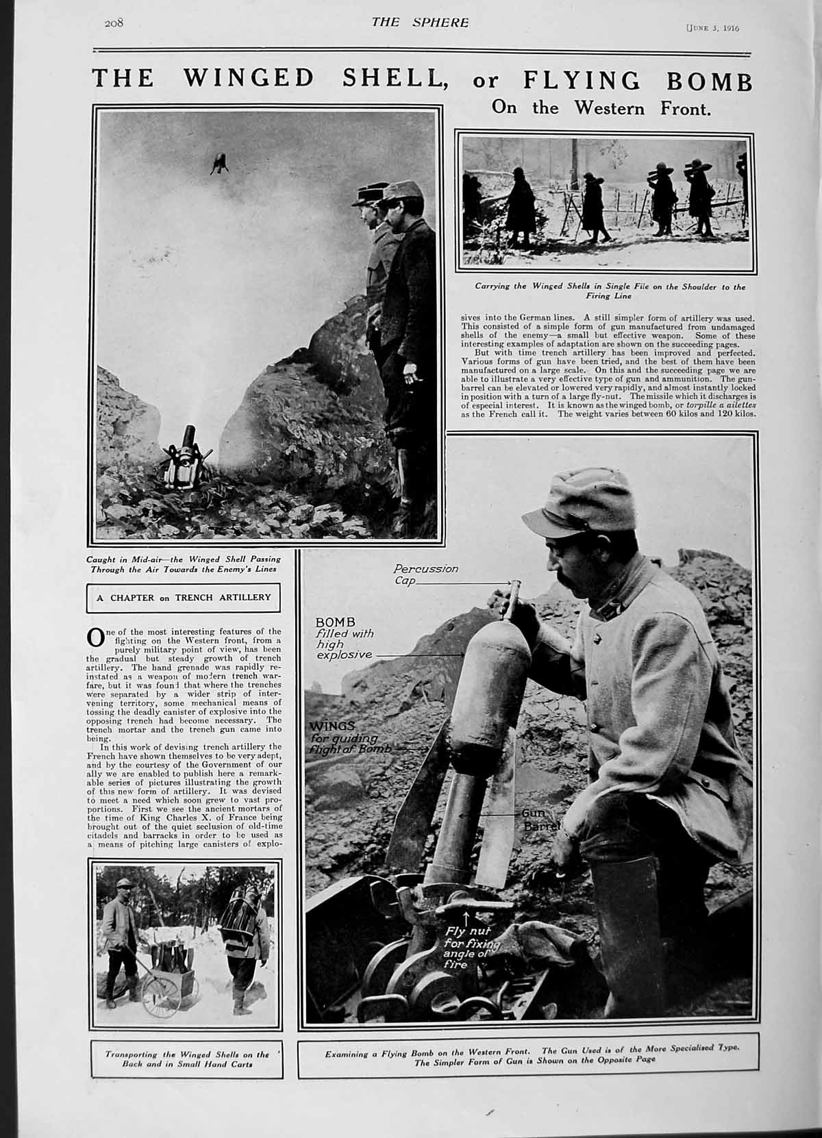 Antique Old Print 1916 Trench Artillery Weapons Bomb Winged Shells France 20th