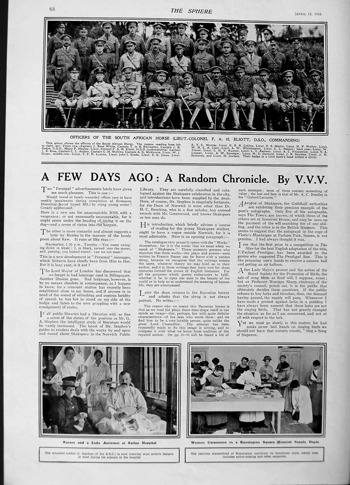Original Old Antique Print 1916 Roll Honour Dead War Siers Eliott Hospital