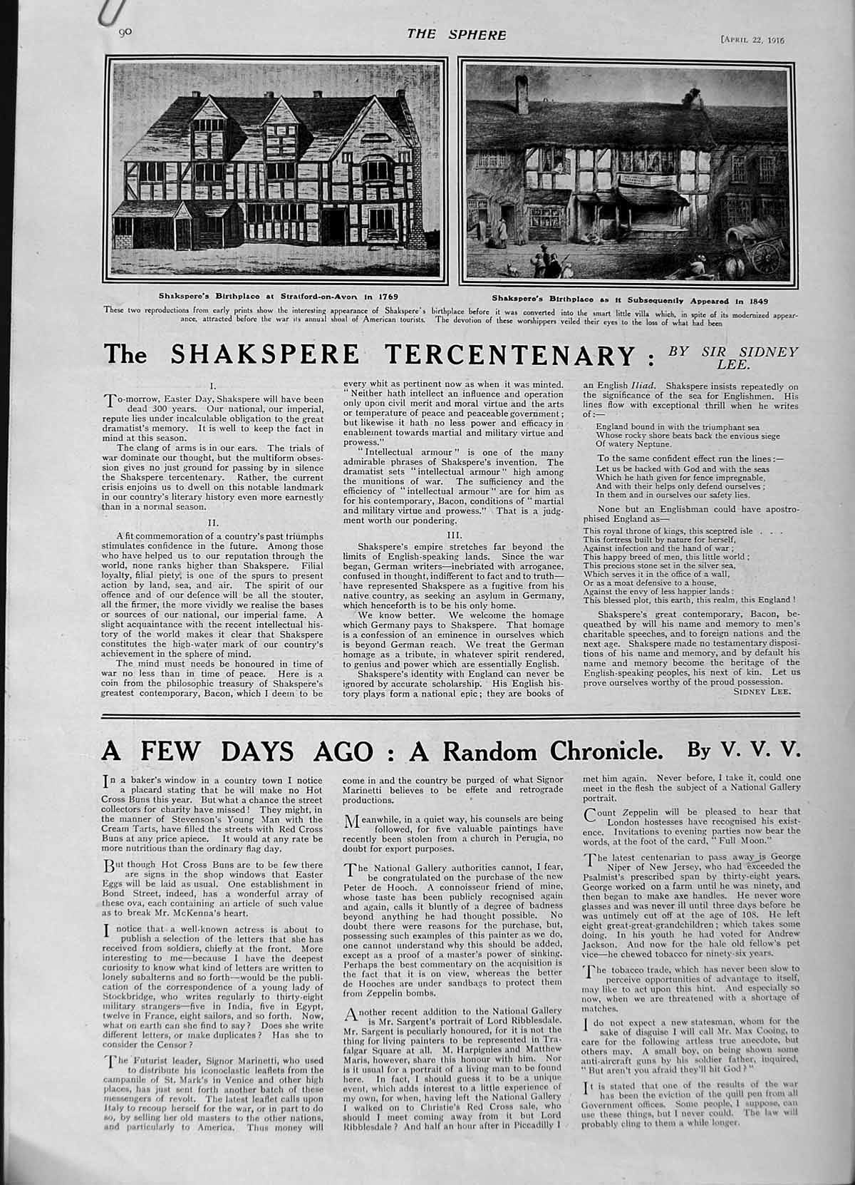 Original Old Antique Print 1916 Shakespeare Stratford-On-Avon Siers War Cross