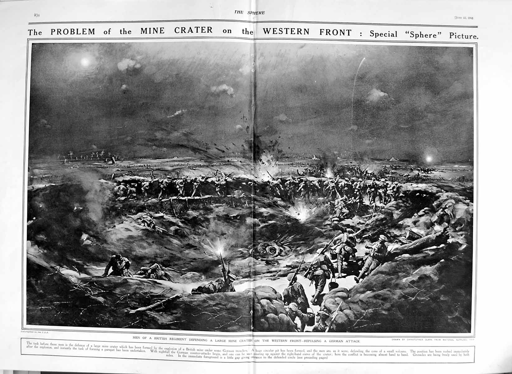 Original Old Antique Print 1916 British Siers German Trenches Mine Crater War