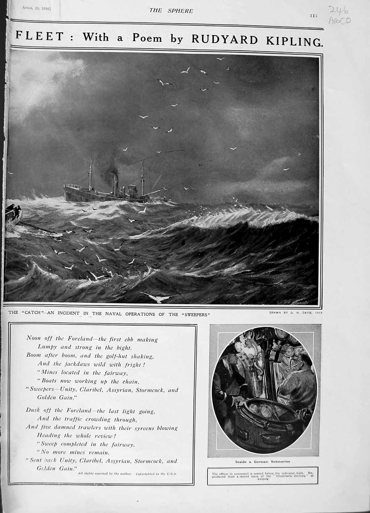 Old Antique Print 1916 German Submarine War Navy Kipling Iron Duke Ship 20th