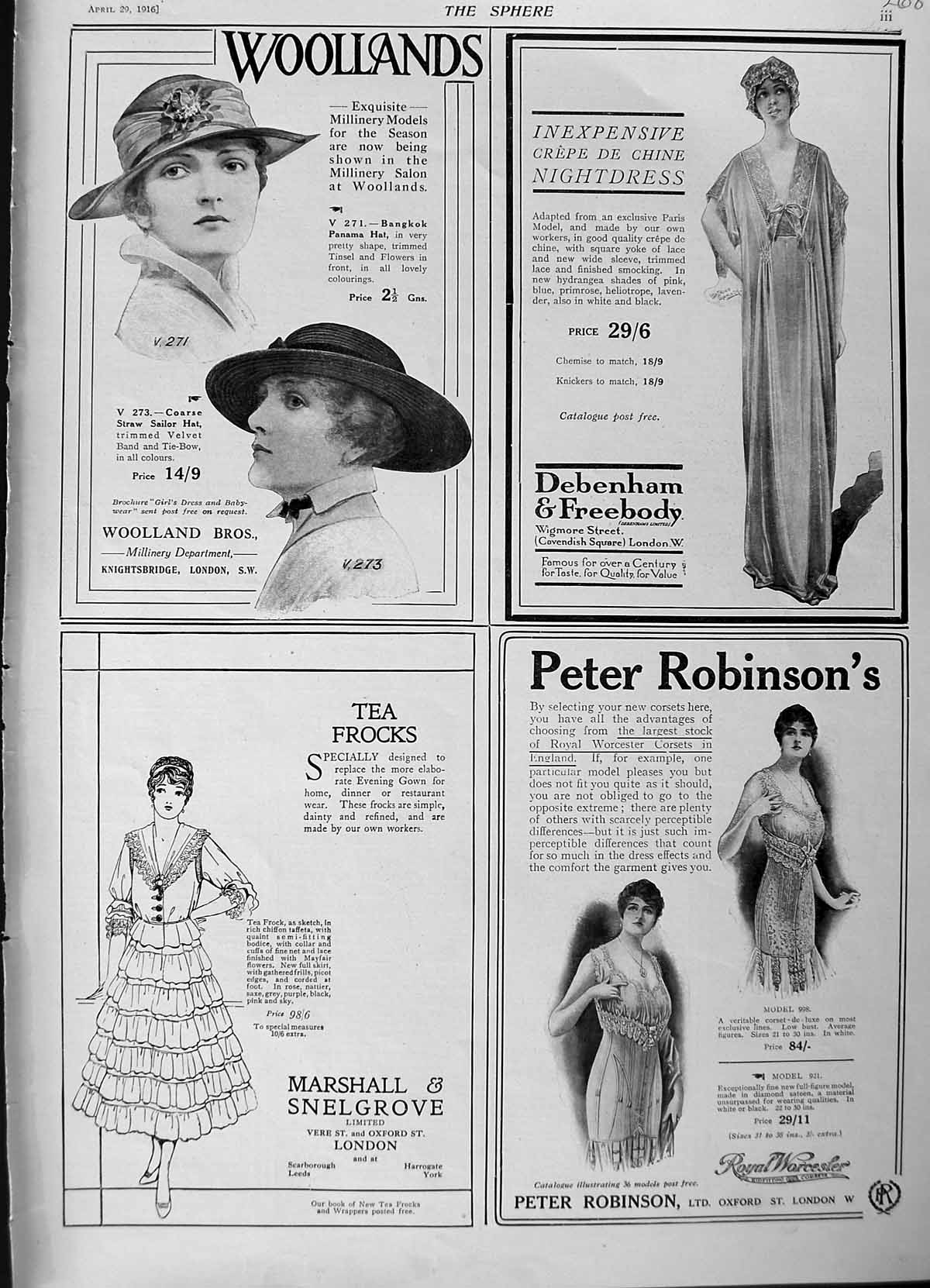 Old Antique Print 1916 Advertisement Debenham Robinson Marshall Fashion 20th