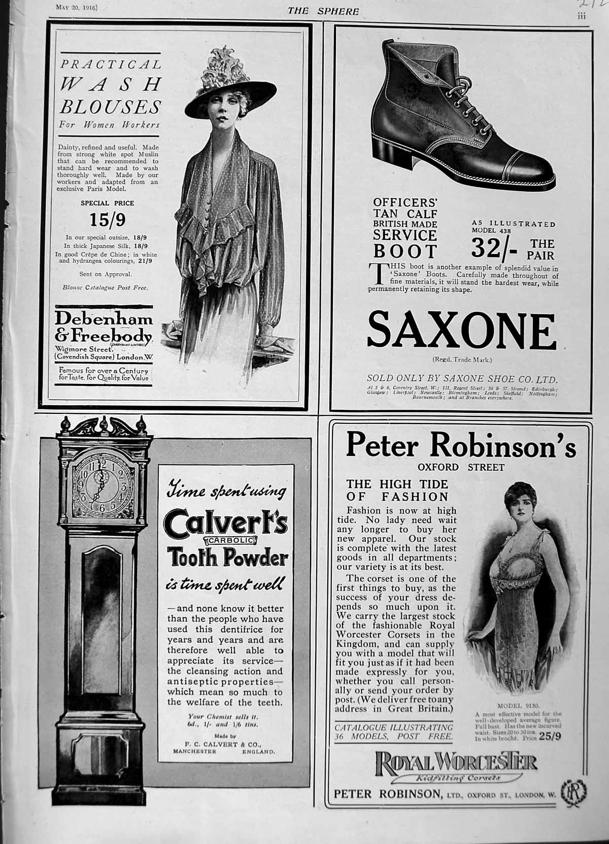 Old Antique Print 1916 Advertisement Saxone Shoe Debenham Calvert Fashion 20th