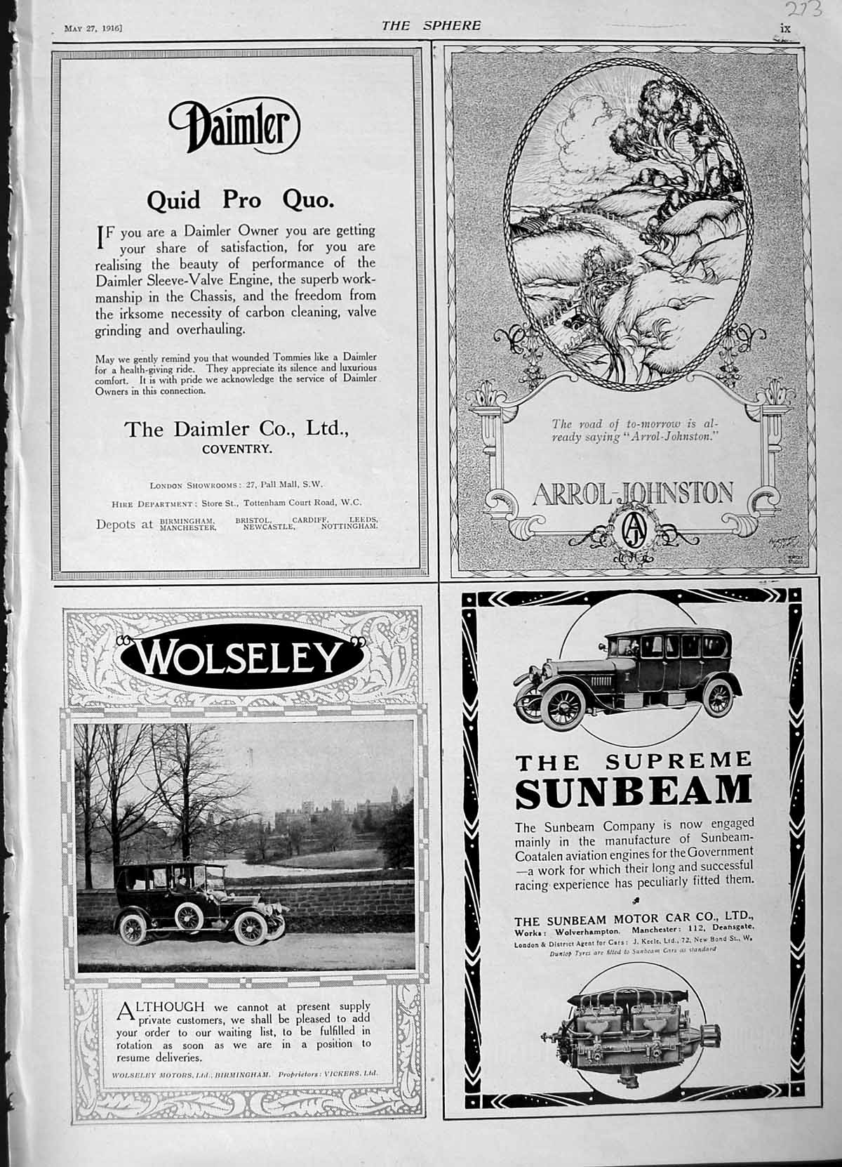 Old Antique Print 1916 Advertisement Daimler Motor Car Sunbeam Wolseley 20th