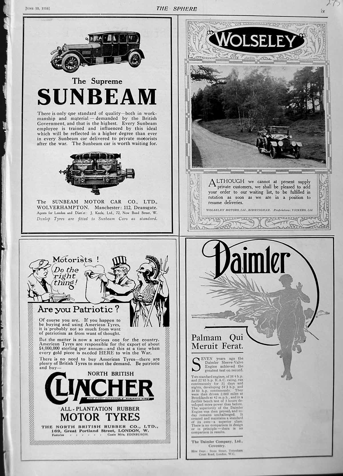 Old Antique Print 1916 Advertisement Motor Car Wolseley Sunbeam Daimler 20th