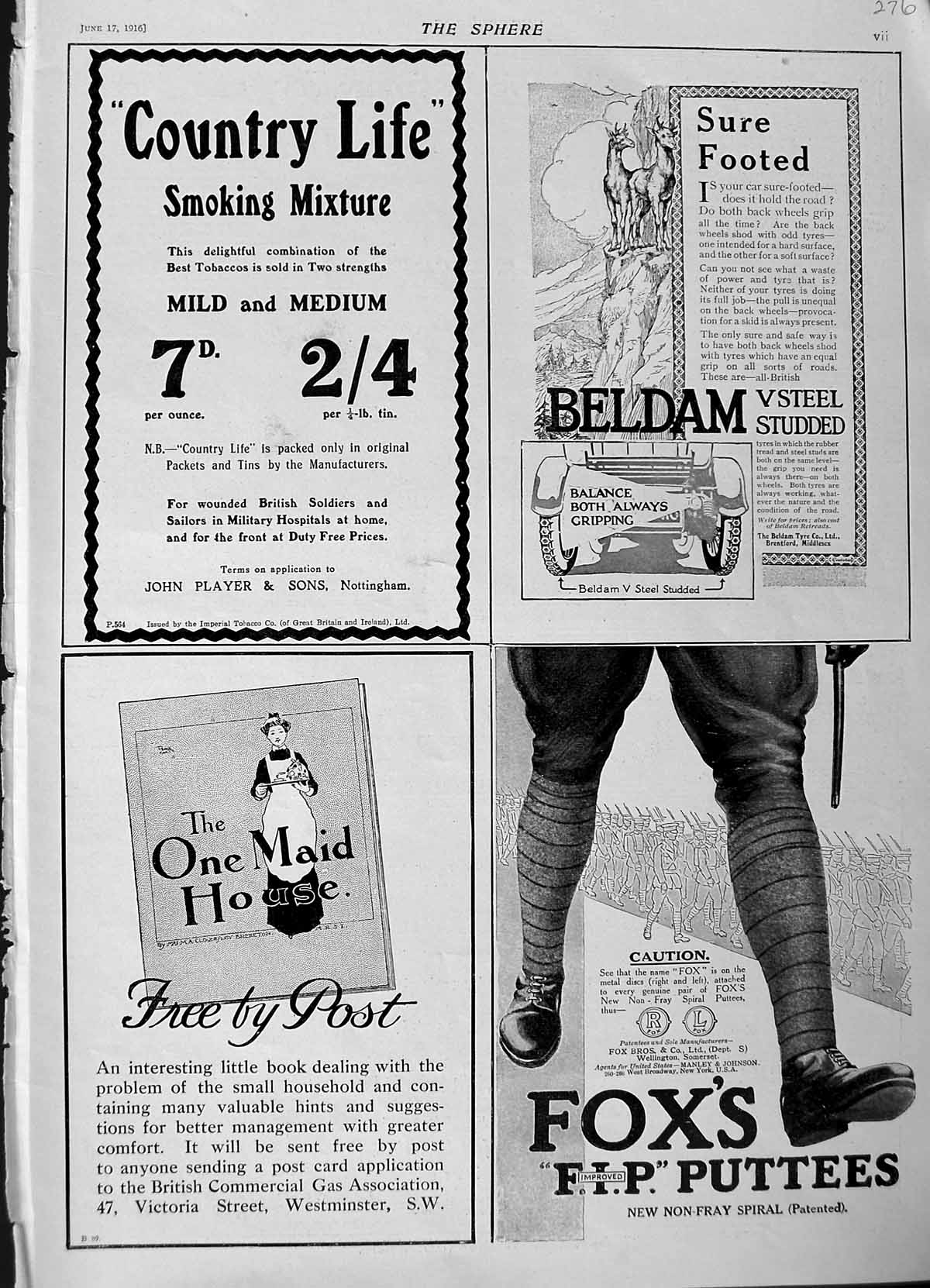 Old Antique Print 1916 Advertisement Beldam Player Tobacco Fox'S Puttees 20th