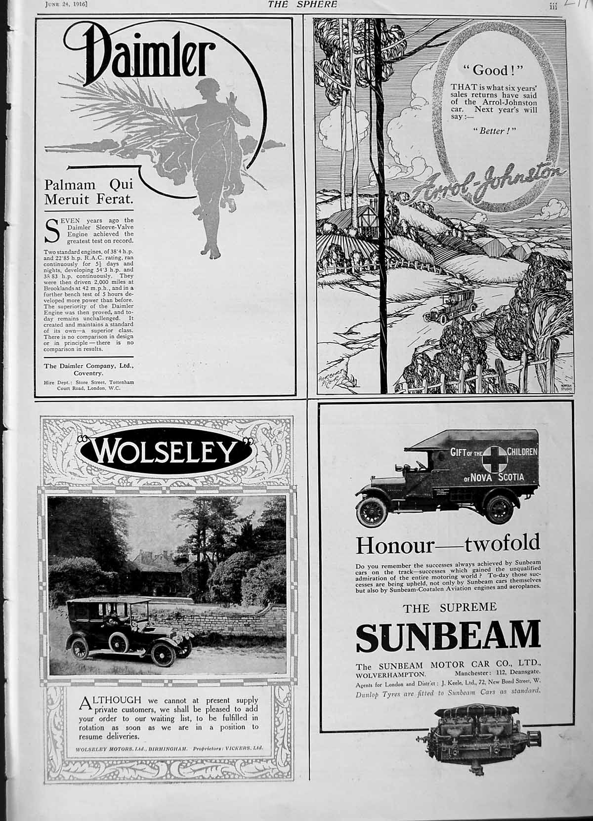 Old Antique Print 1916 Advertisement Motor Car Daimler Wolseley Sunbeam 20th