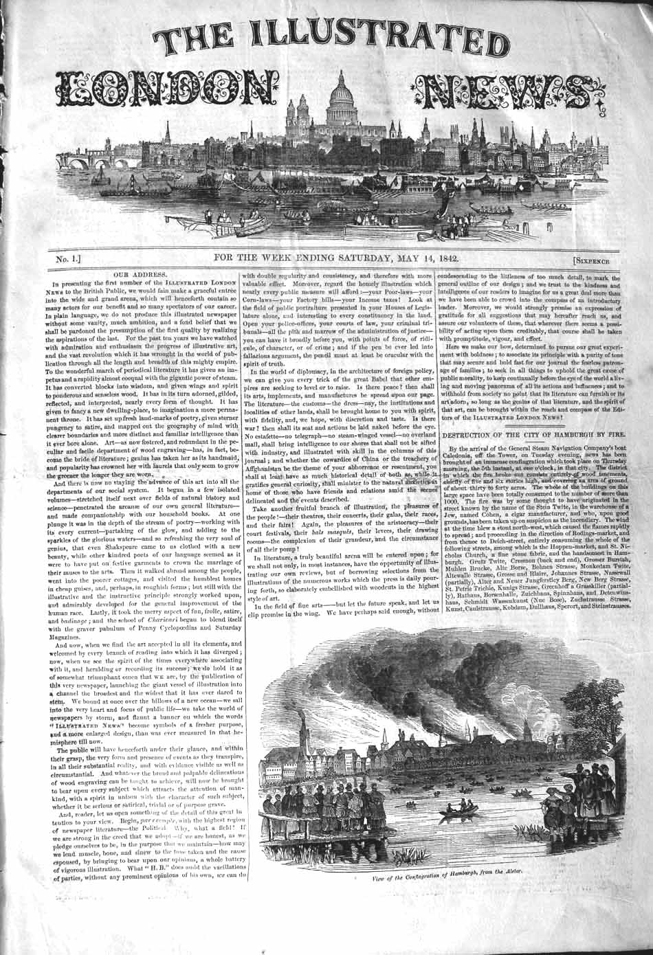 Original Old Antique Print 1842 View Conflagration Hamburgh Alster Fire 19th