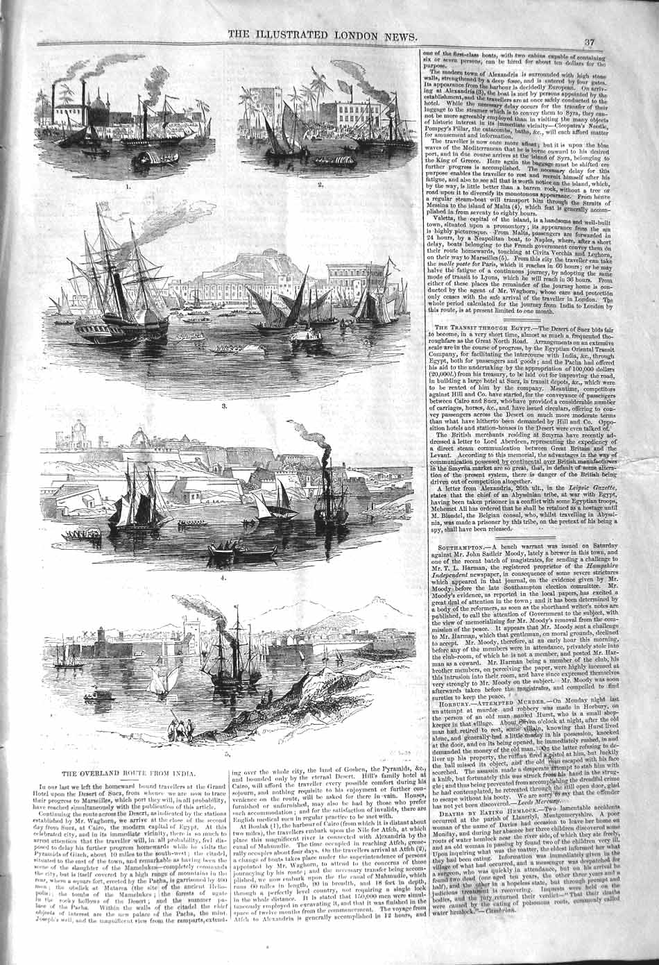 Original Old Antique Print 1842 Ships Boats Overland Rout 19th Century