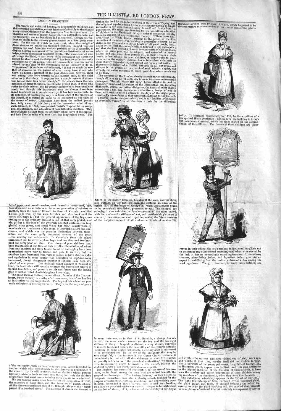 Original Old Antique Print 1842 People London Charities Aldgate 19th