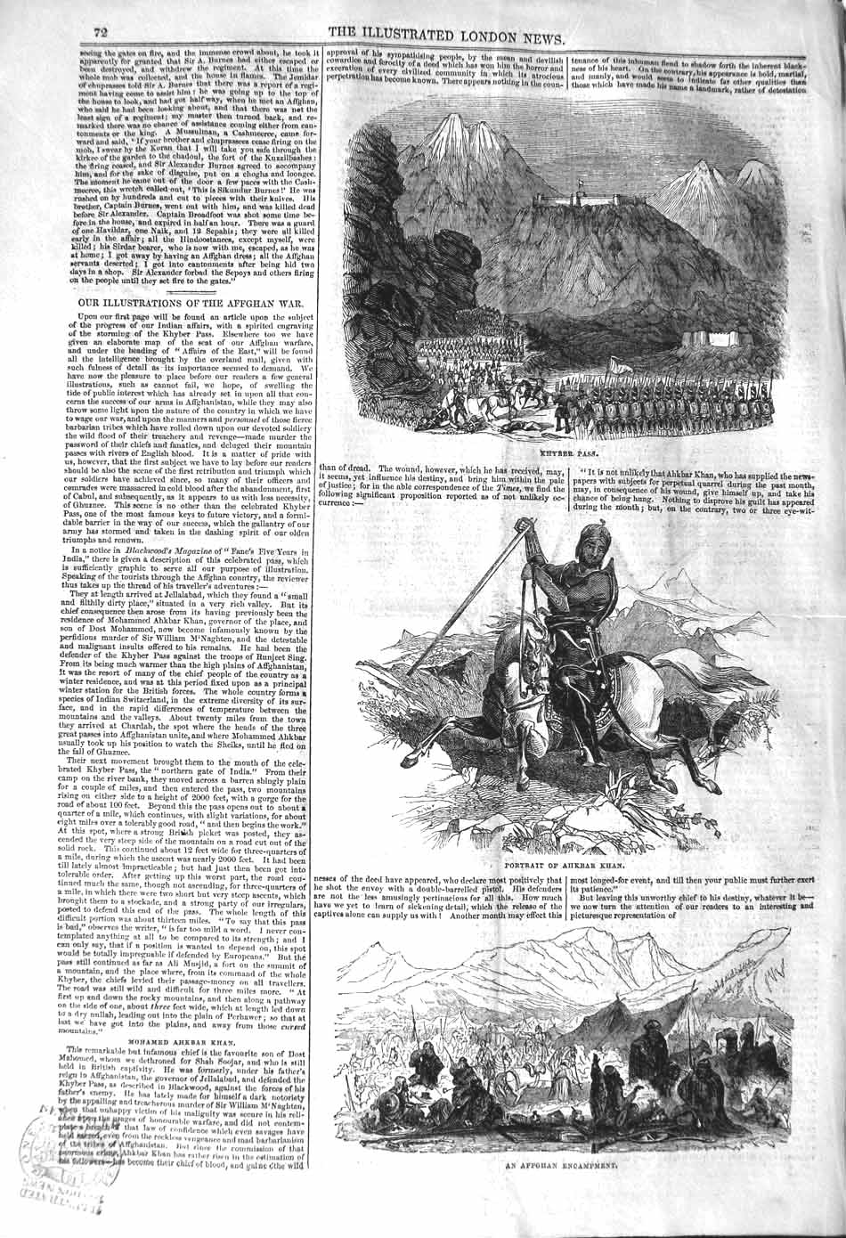 Original Old Antique Print 1842 Khyber Pass Ahkbar Khan Afghan Encampm Victorian