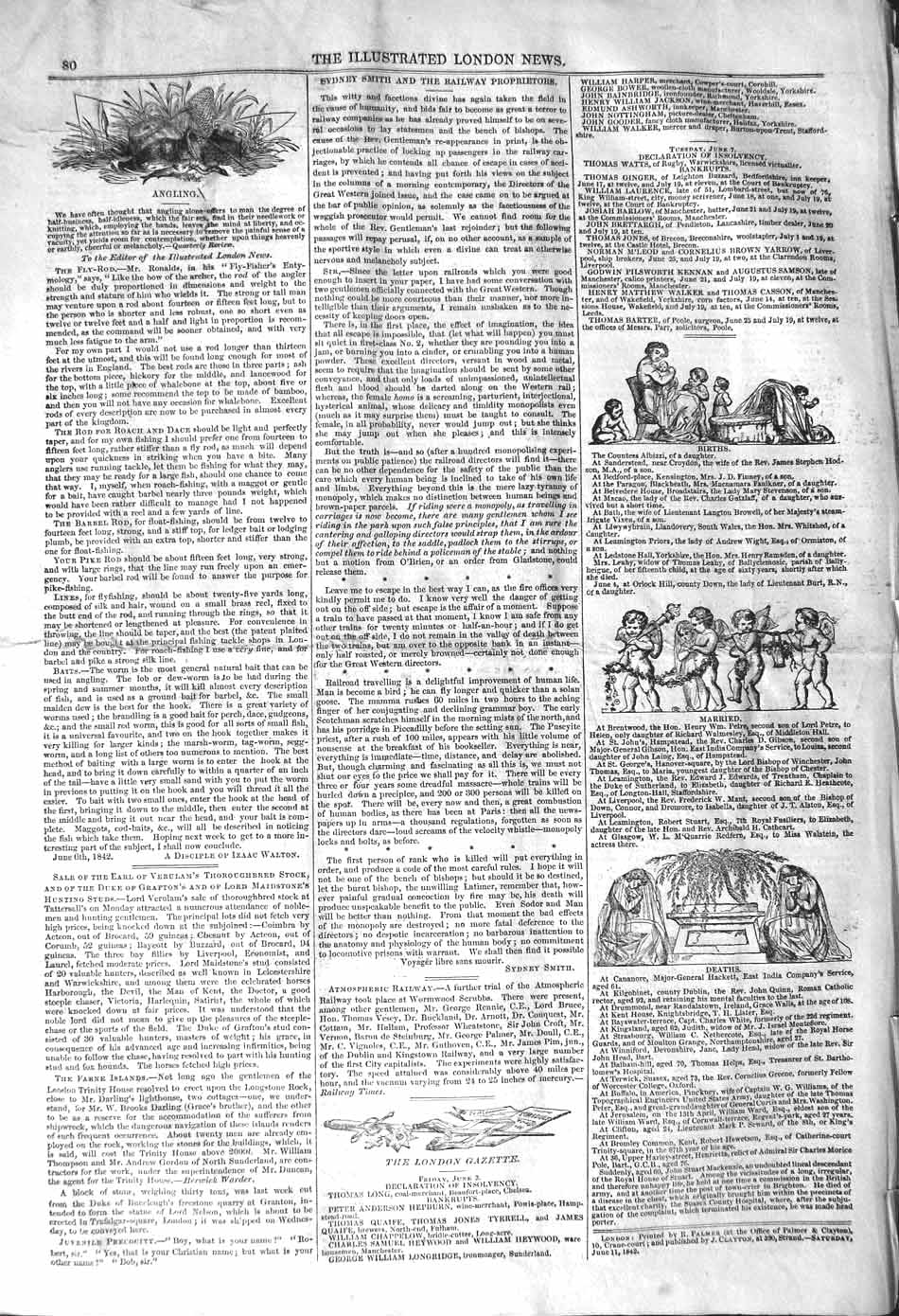 Original Old Antique Print 1842 Angling Fishing London Gazette 19th