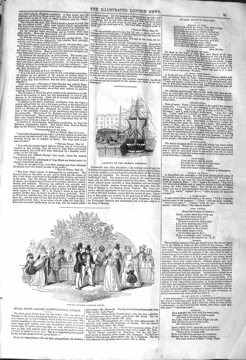 Original Old Antique Print 1842 Landing Queen Ship South London Flower Show