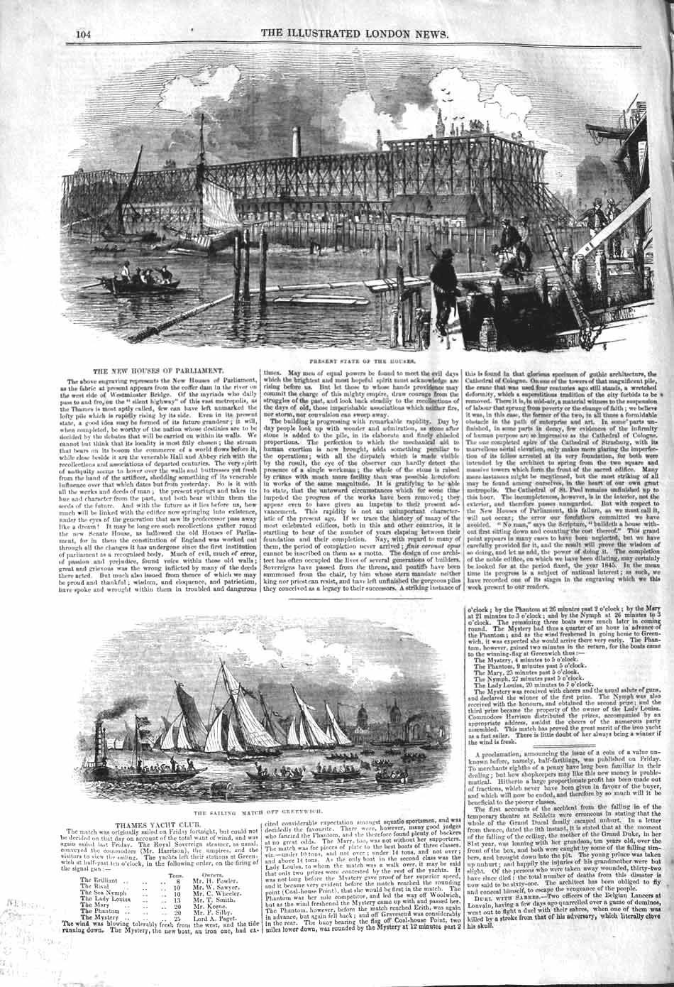 Old Antique Print 1842 Houses Parliament London Sailing Match Greenwich 19th