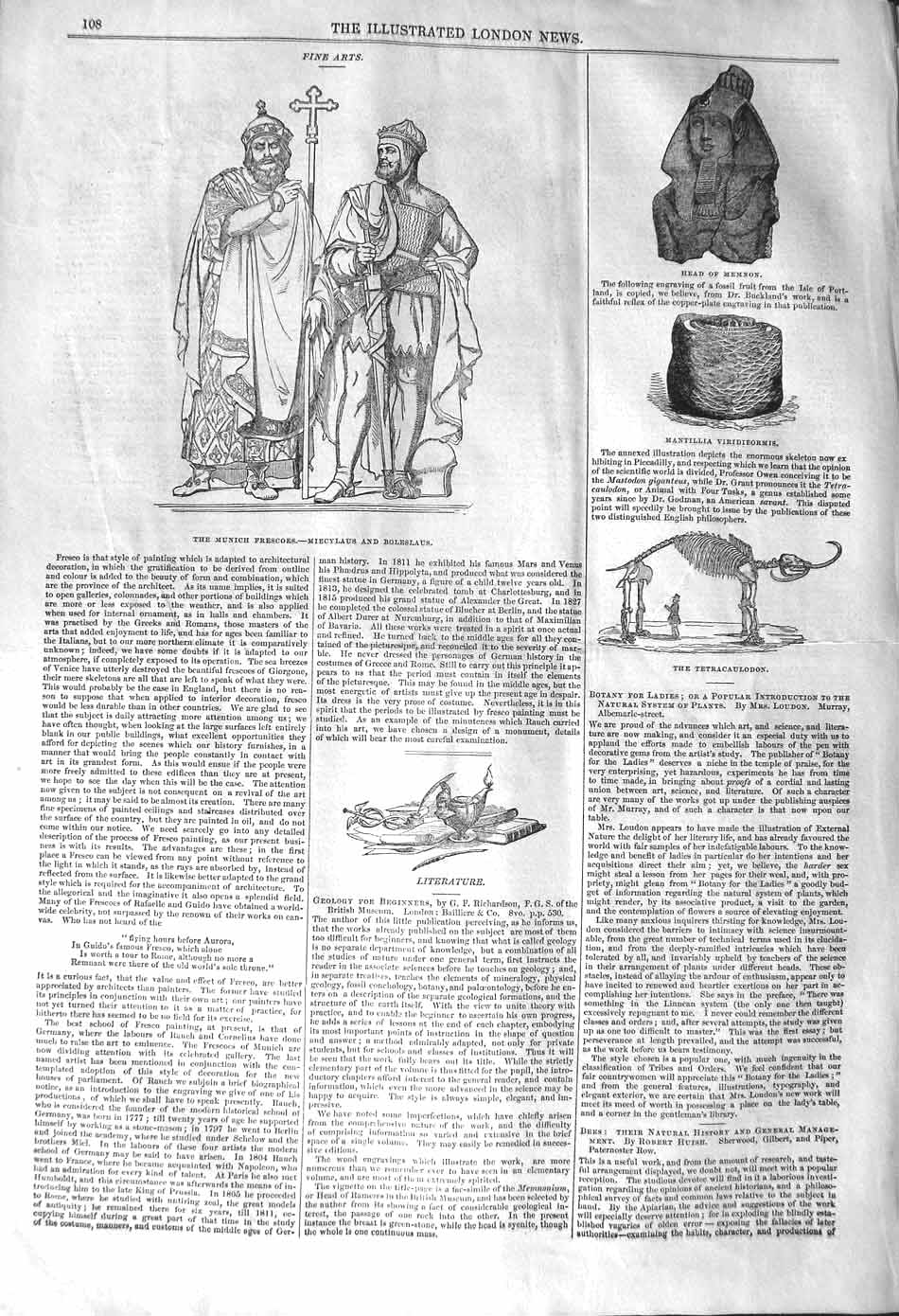 Original Old Antique Print 1842 Munich Frescoes Miecylaus Memnon Tetracaulodon