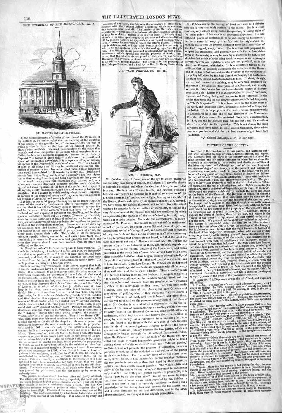 Old Antique Print 1842 St. Martin'S-In-The-Fields Portrait Mr. R. Cobden 19th