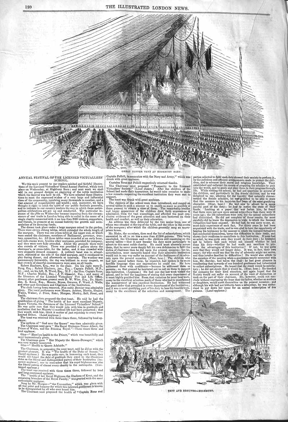 Original Old Antique Print 1842 Great Dinner Tent Highbury Barn 19th