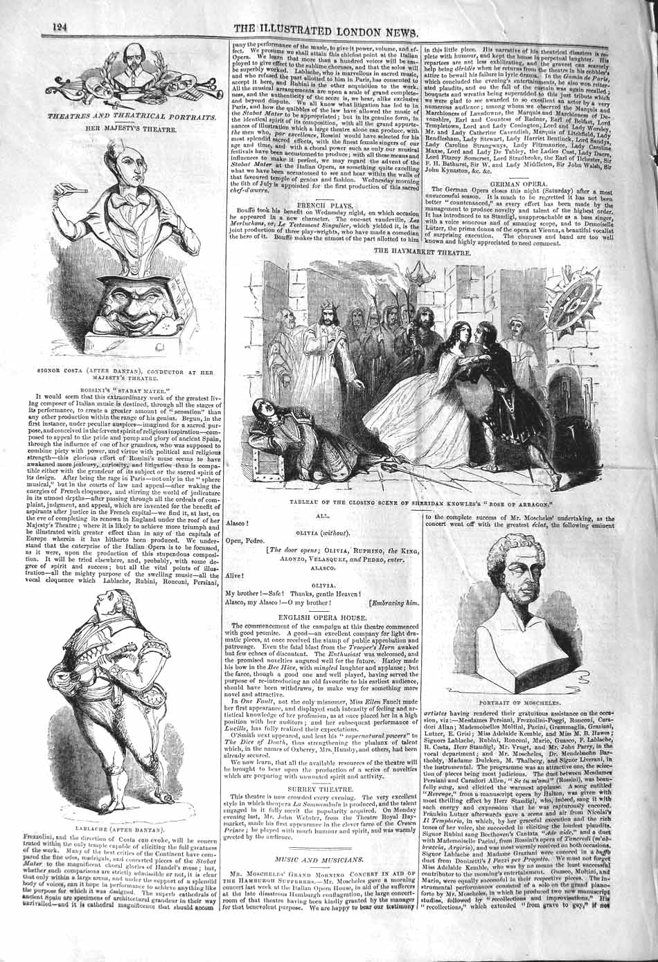 Original Old Antique Print 1842 Moscheles Lablache Signor Costa Arragon Theatre