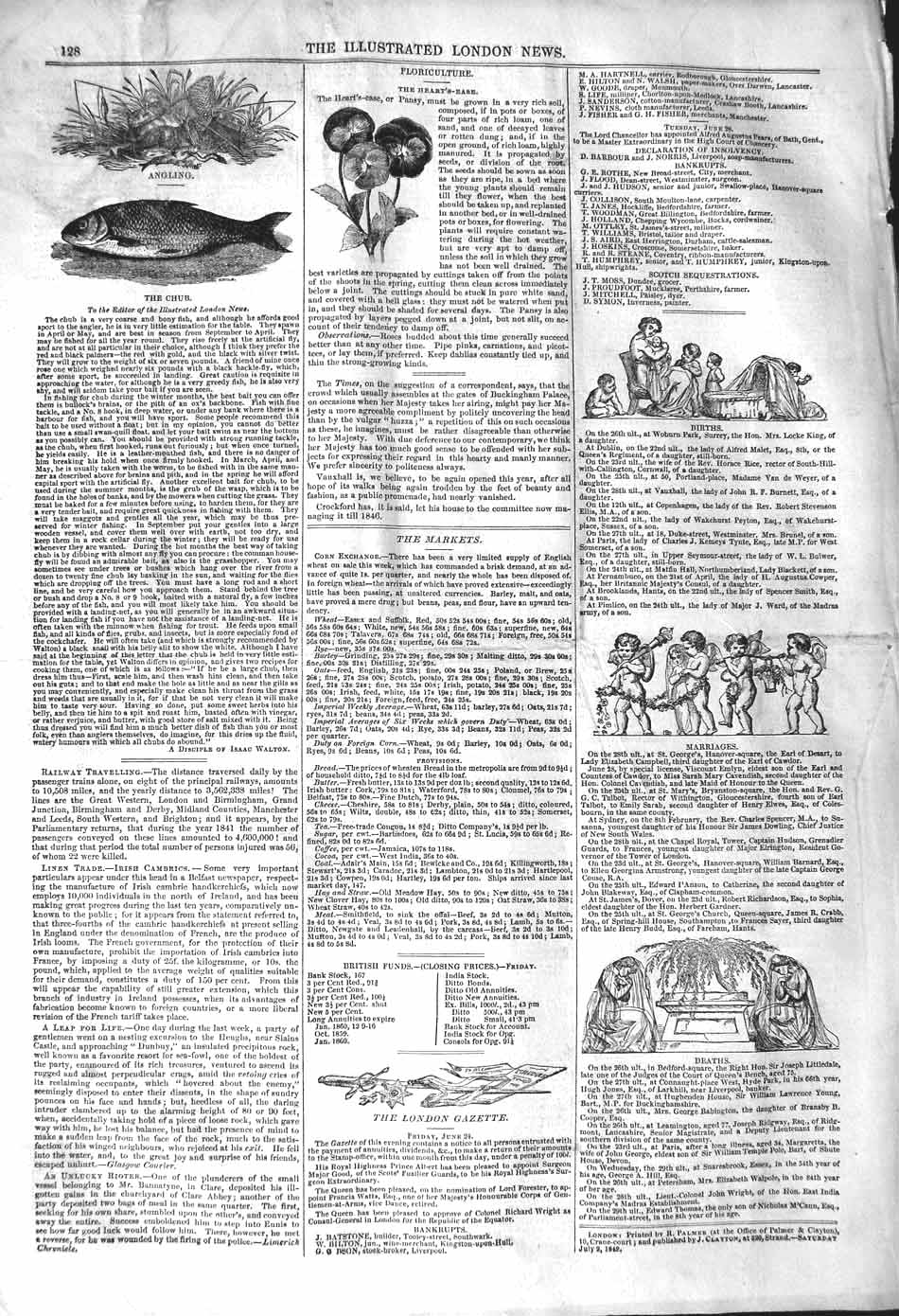 Original Old Antique Print 1842 Angling Fishing Chur Floriculture Heart'S-Ease