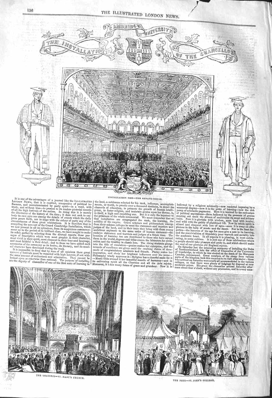Old Antique Print 1842 Cambridge University Mary'S Church John'S College 19th