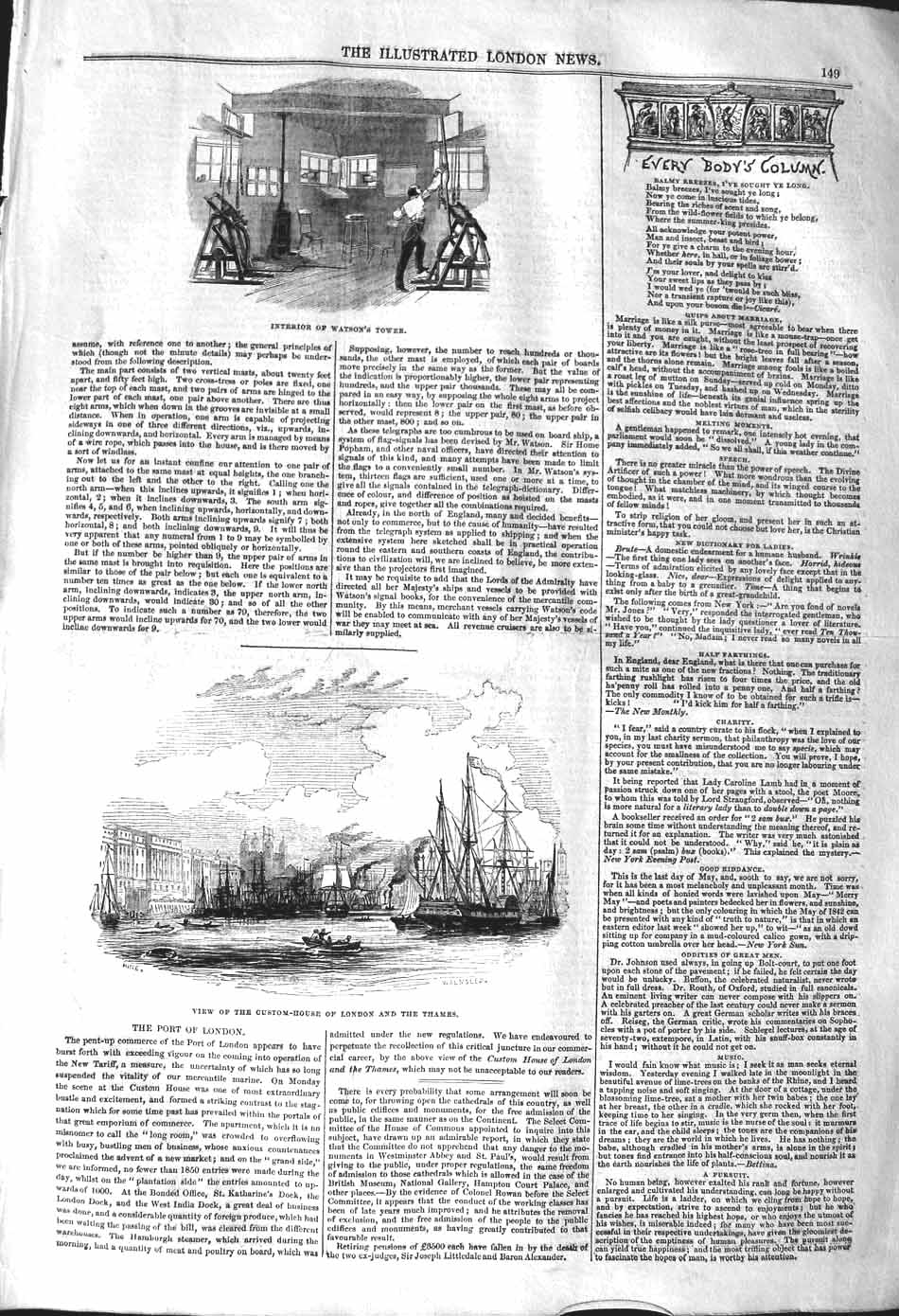 Old Antique Print 1842 Interior Watsons Tower Custom-House London Ships 19th