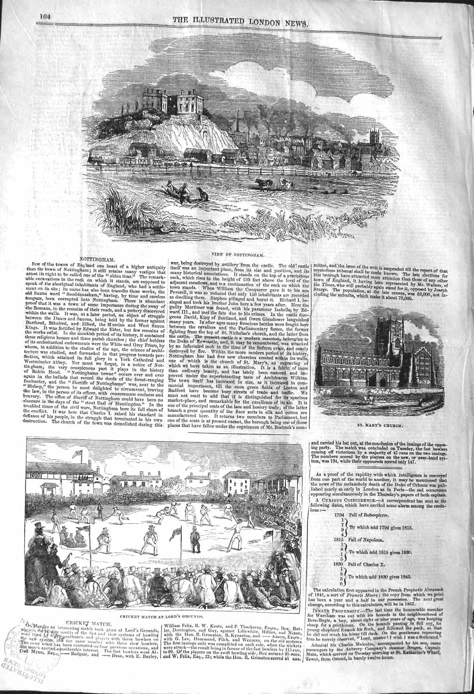 Original Old Antique Print 1842 View Nottingham St. Mary'S Church Cricket Lords