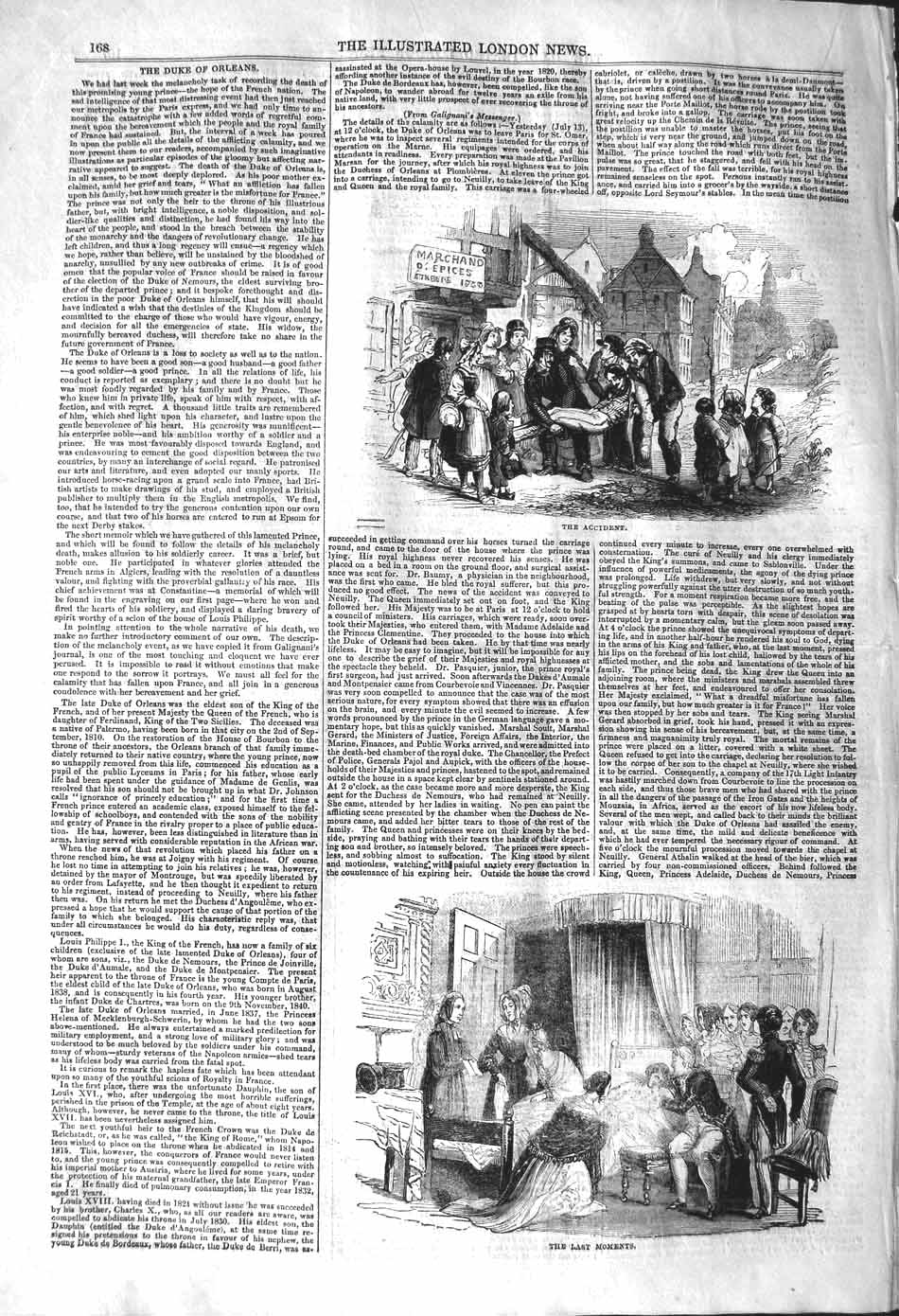 Original Old Antique Print 1842 Street Scene Injured Man Duke Orleans Death Bed