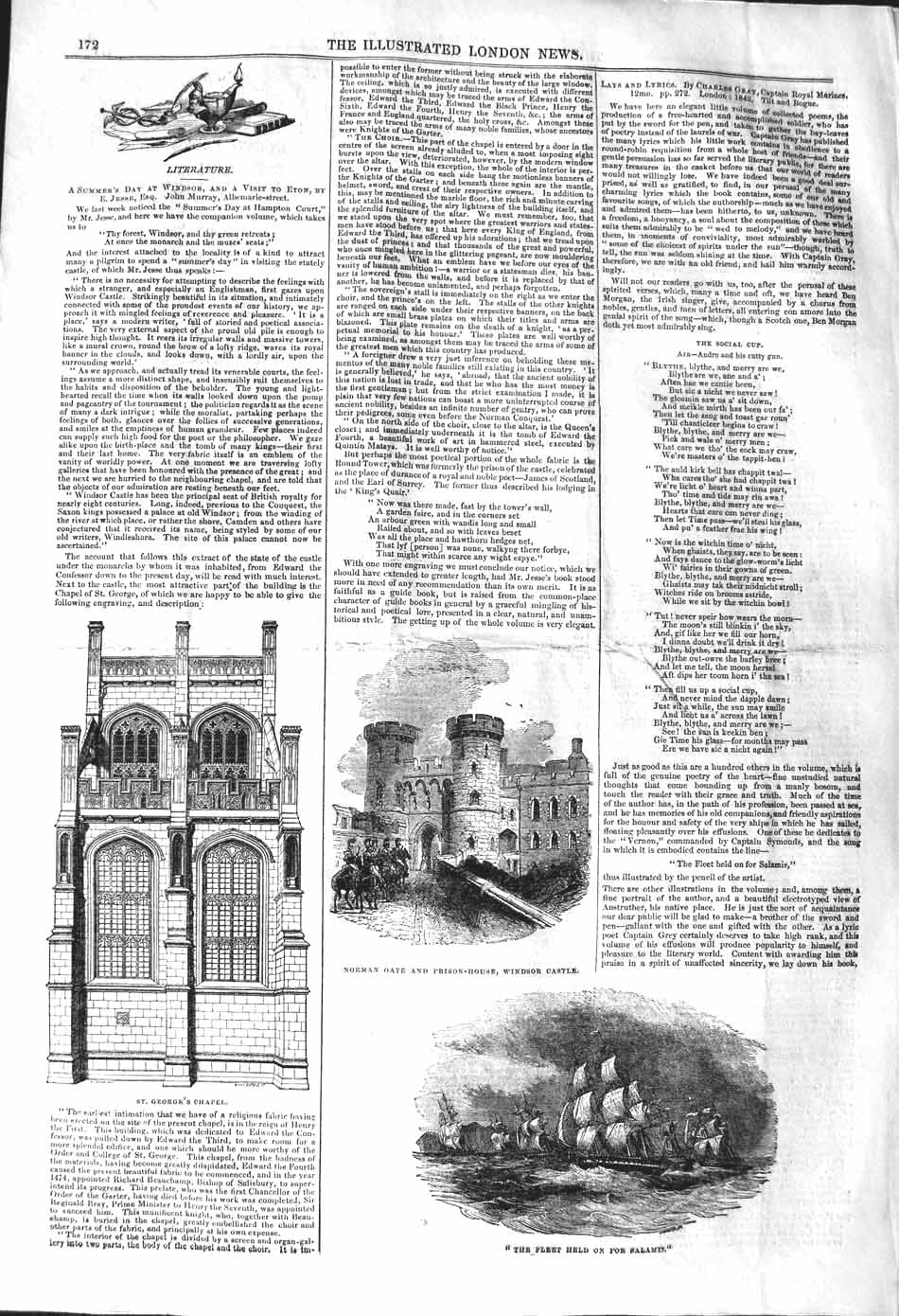 Original Old Antique Print 1842 Norman Gate Prison Windsor Castle Salamis Ships